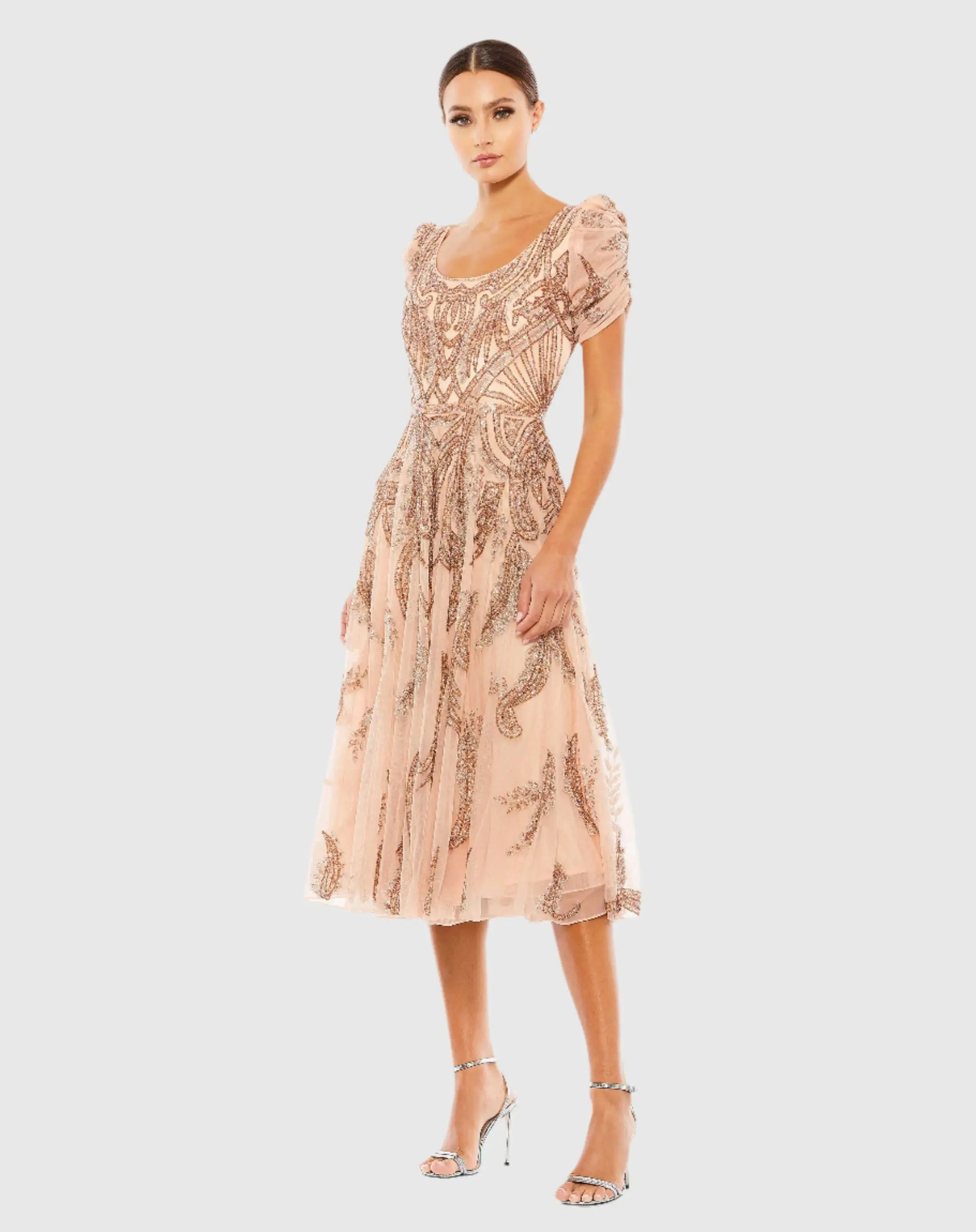 Short Sleeve Beaded A-line Tea Length Dress-Myartka