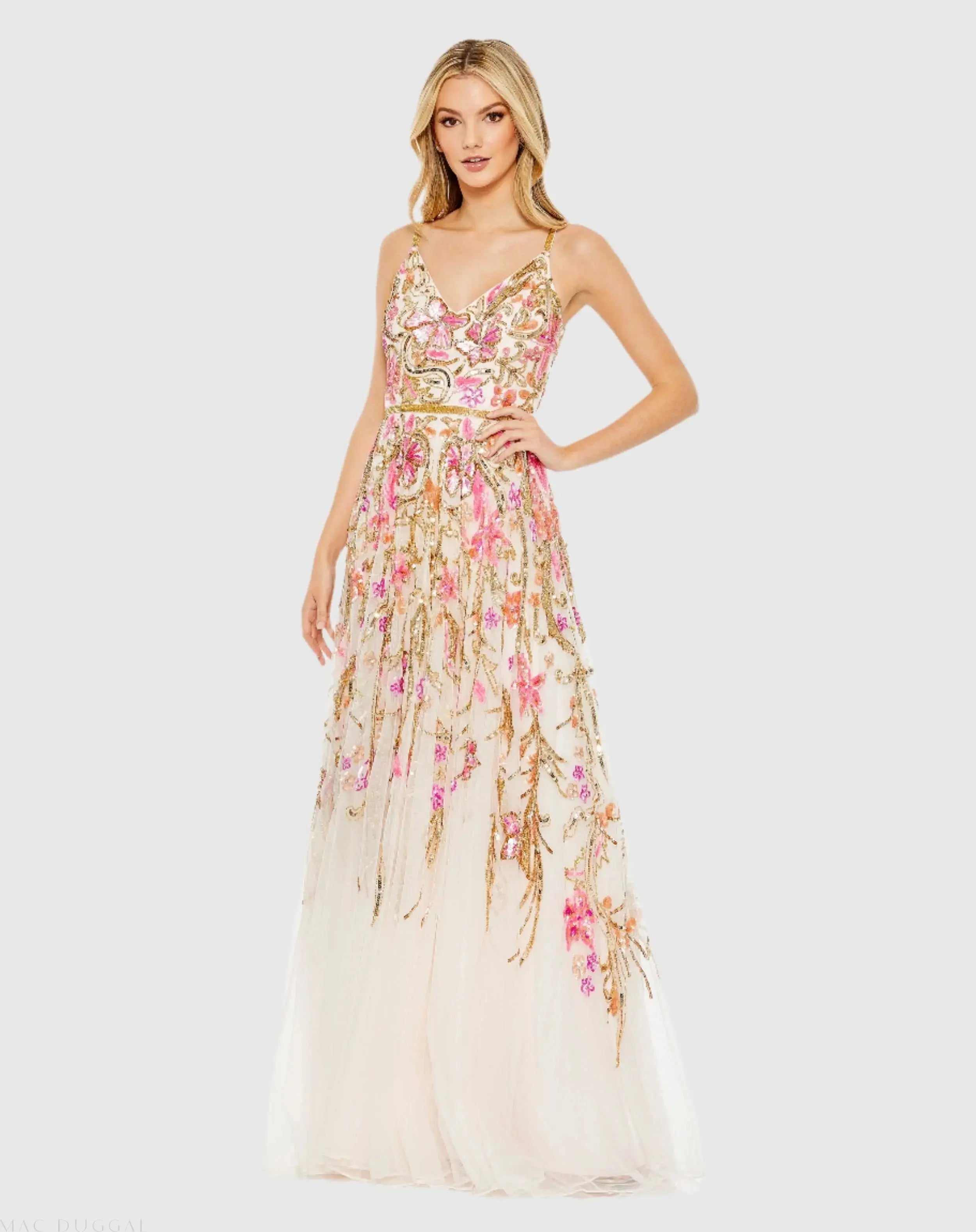 V Neck Floral Embellished Spaghetti Strap Gown-Myartka