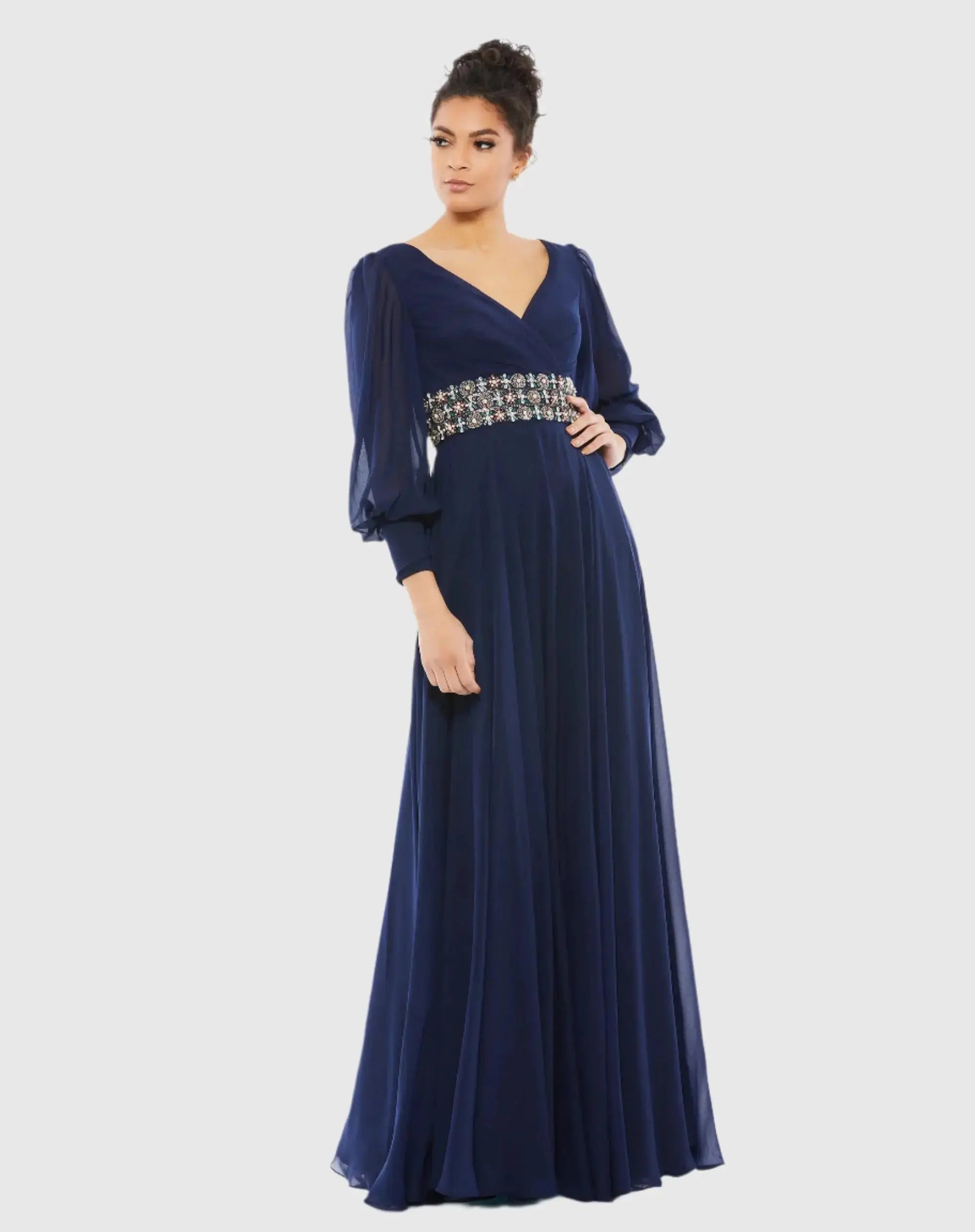Bishop Sleeve Wrap Over Belt Detail Flowy Gown-Myartka