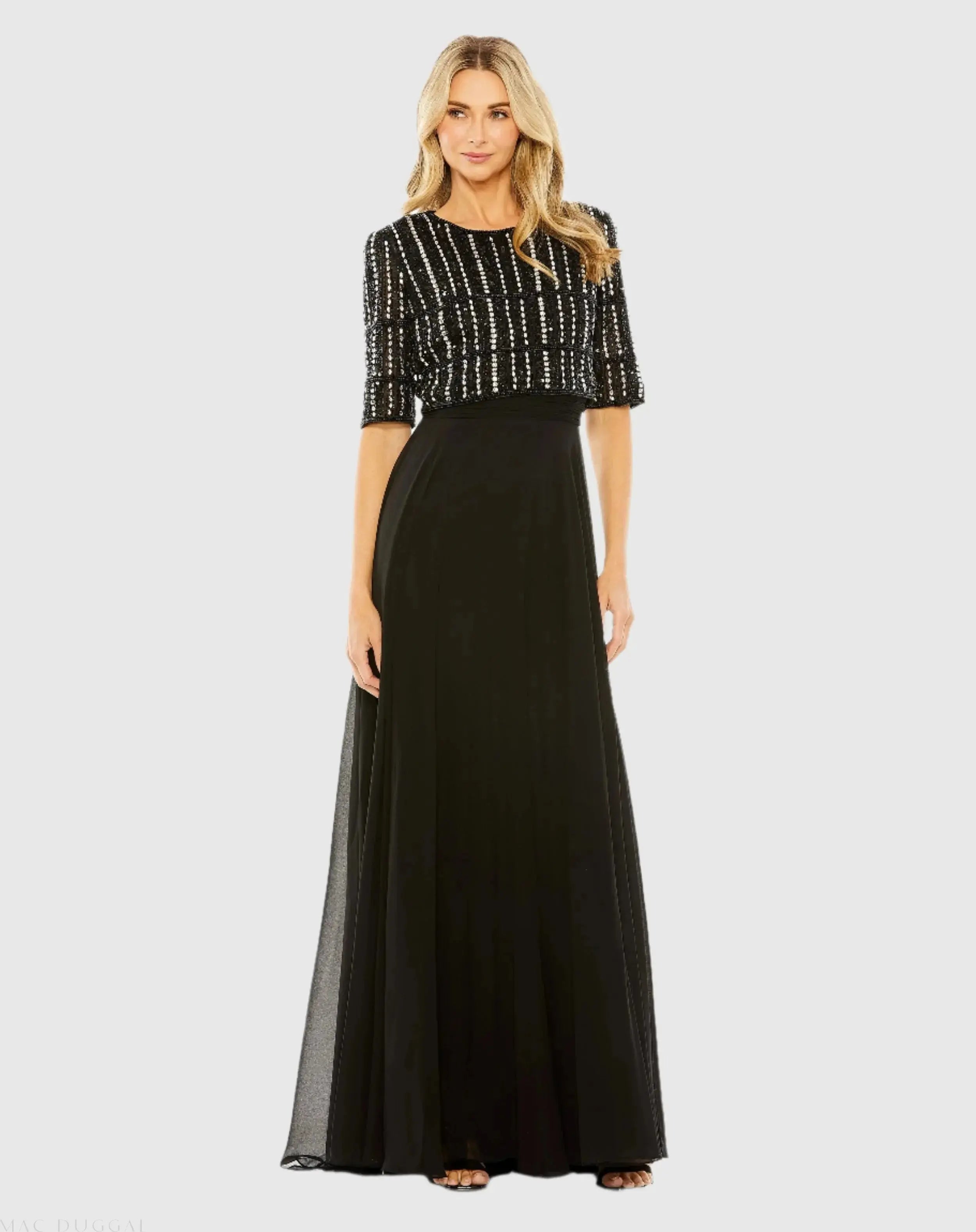 Chiffon Gown w/ Fully Beaded 3/4 Sleeve Top-Myartka