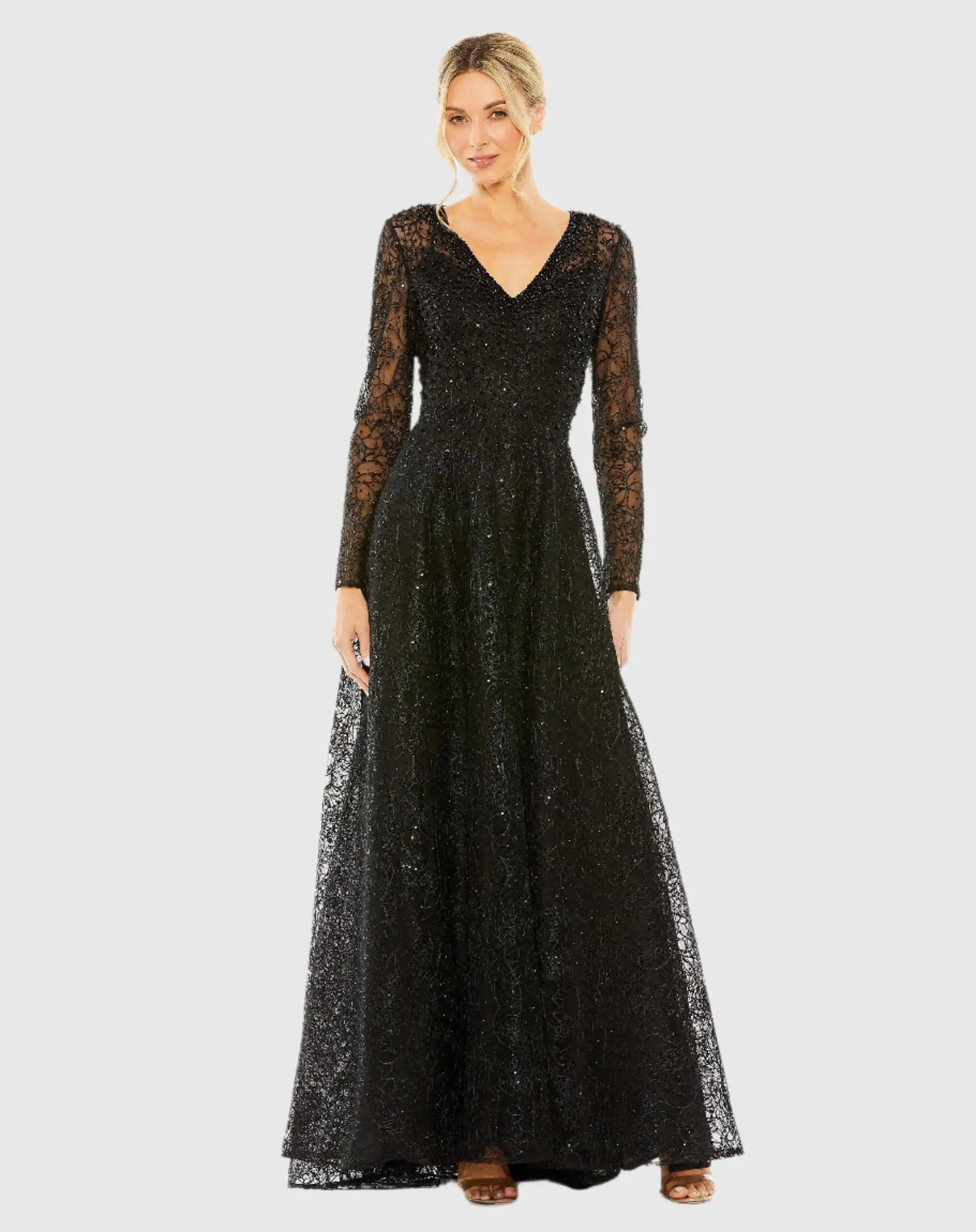 Crystal Embellished Long Sleeve V-Neck Gown-Myartka