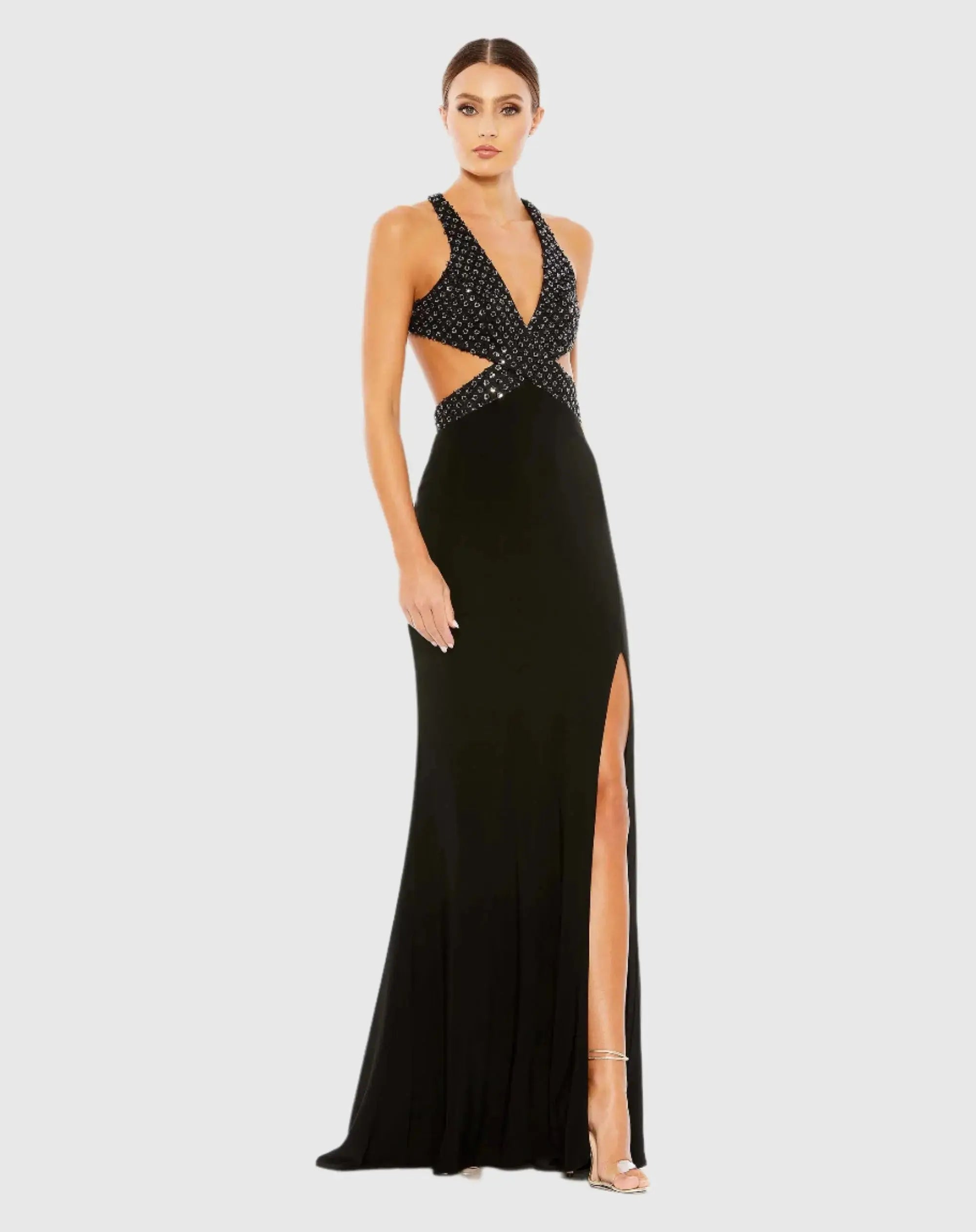 Floral Sequined Criss Cross Bodice Gown-Myartka