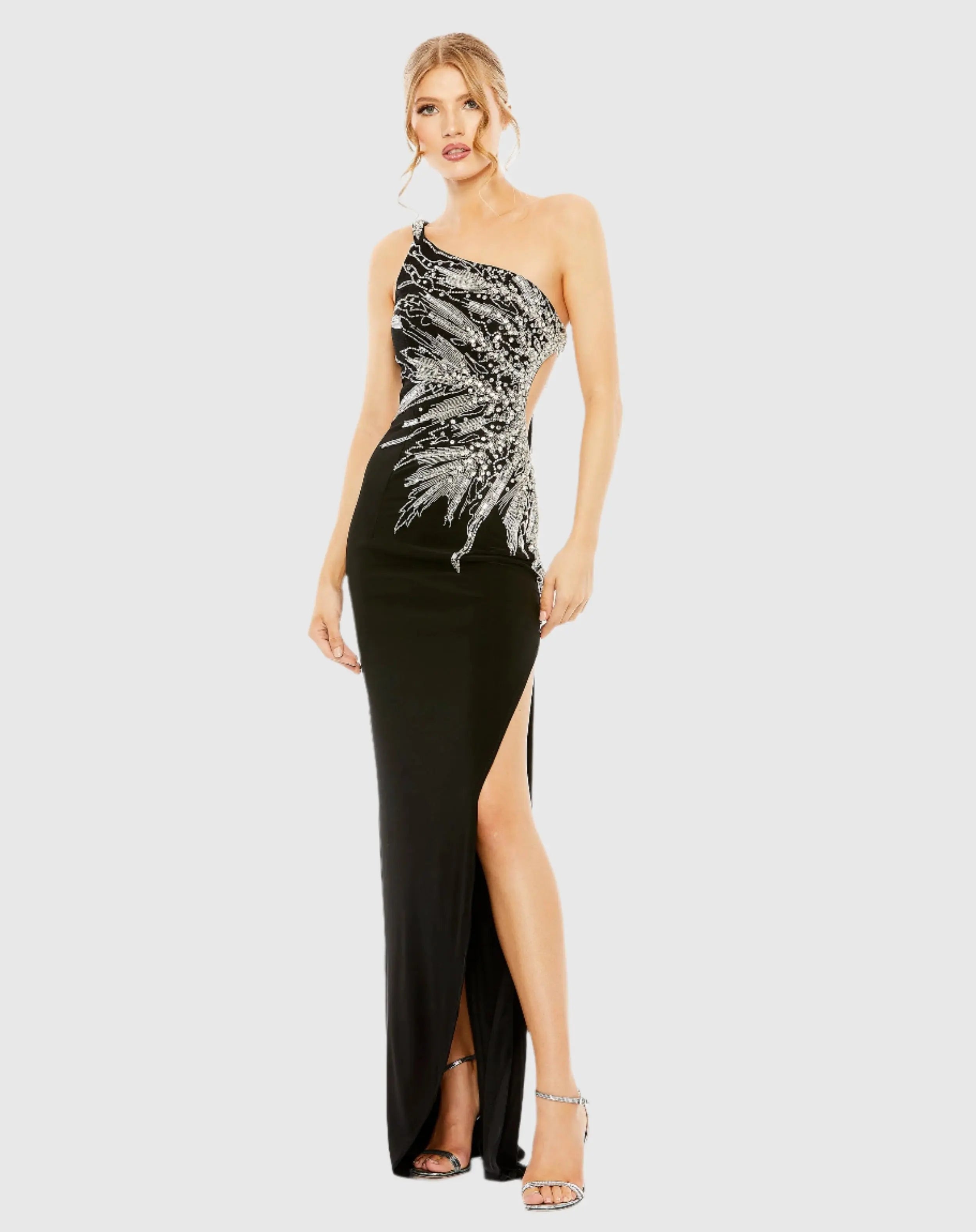 Black One Shoulder Cut Out Embellished Gown-Myartka