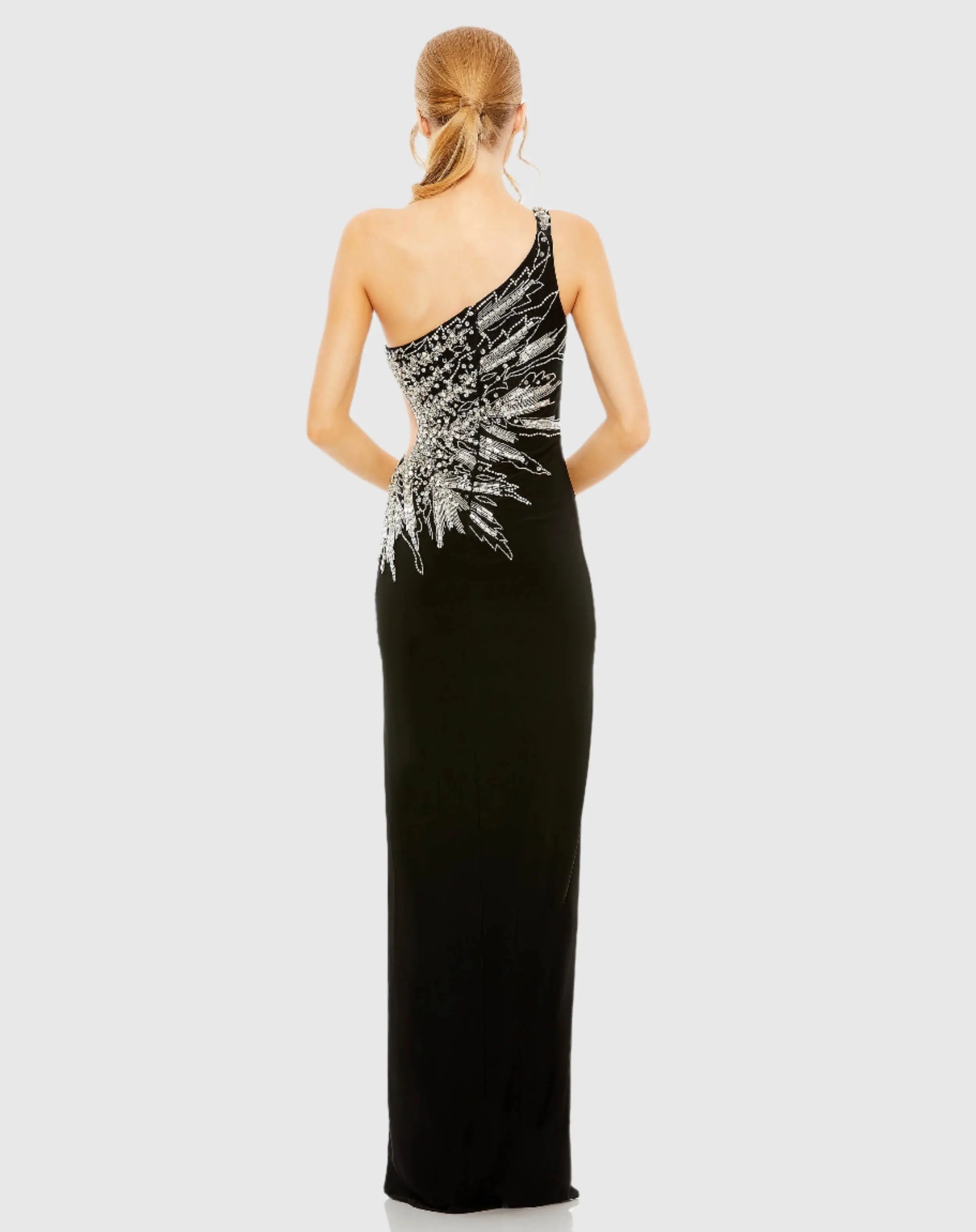 Black One Shoulder Cut Out Embellished Gown-Myartka
