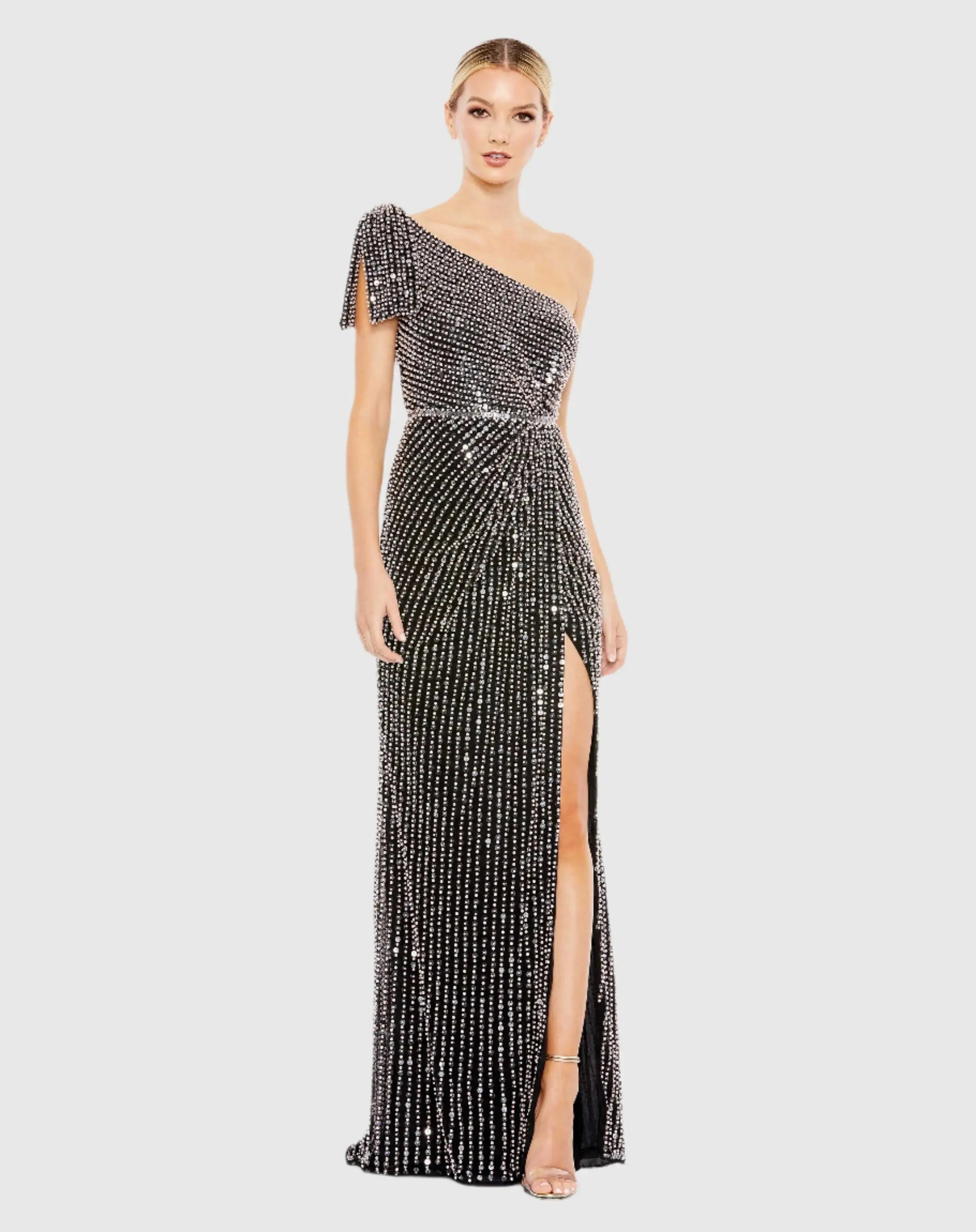 Pearl Embellished Soft Tie One Shoulder Gown-Myartka