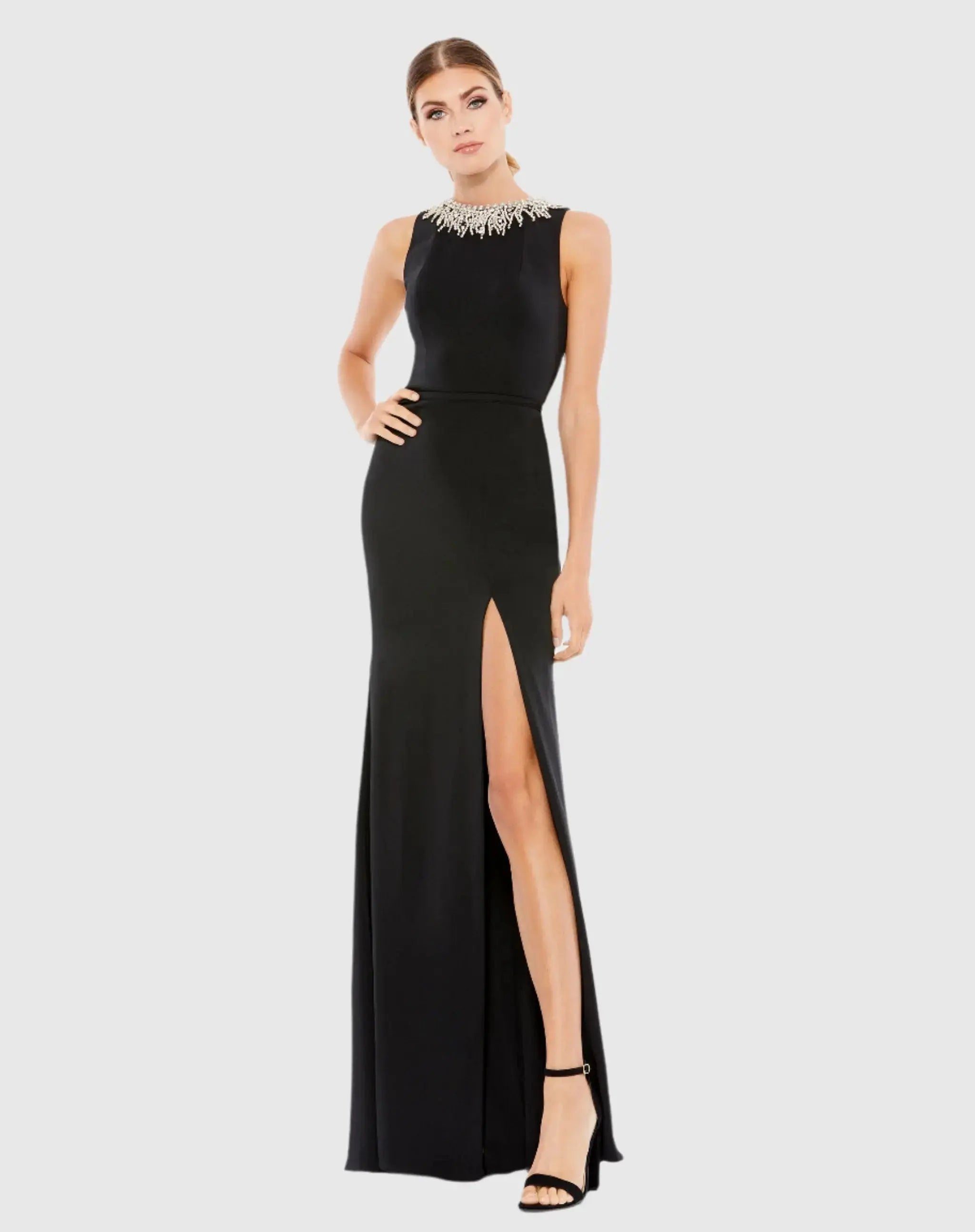 Sleeveless Rhinestone Collar Column Gown-Myartka
