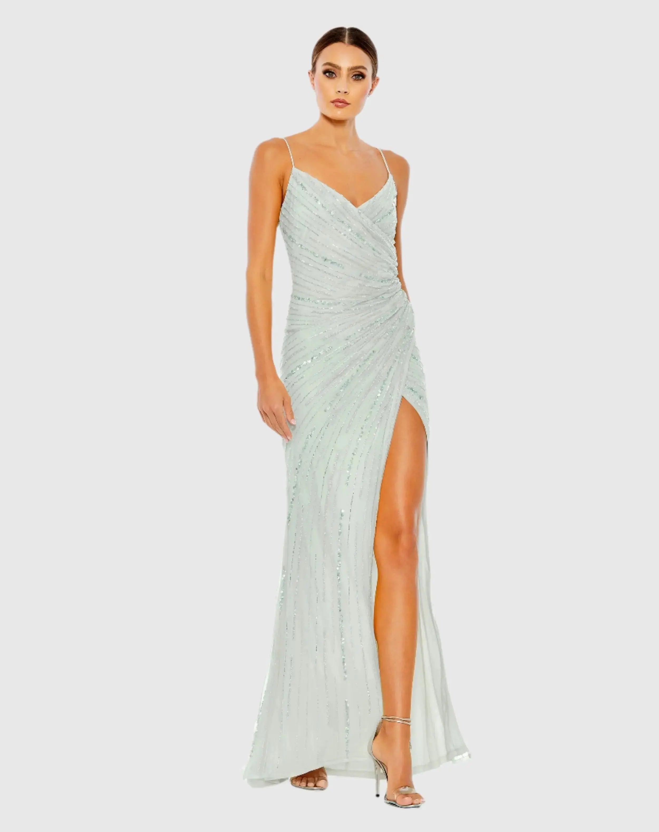 Beaded Sleeveless Faux Wrap Gown-Myartka