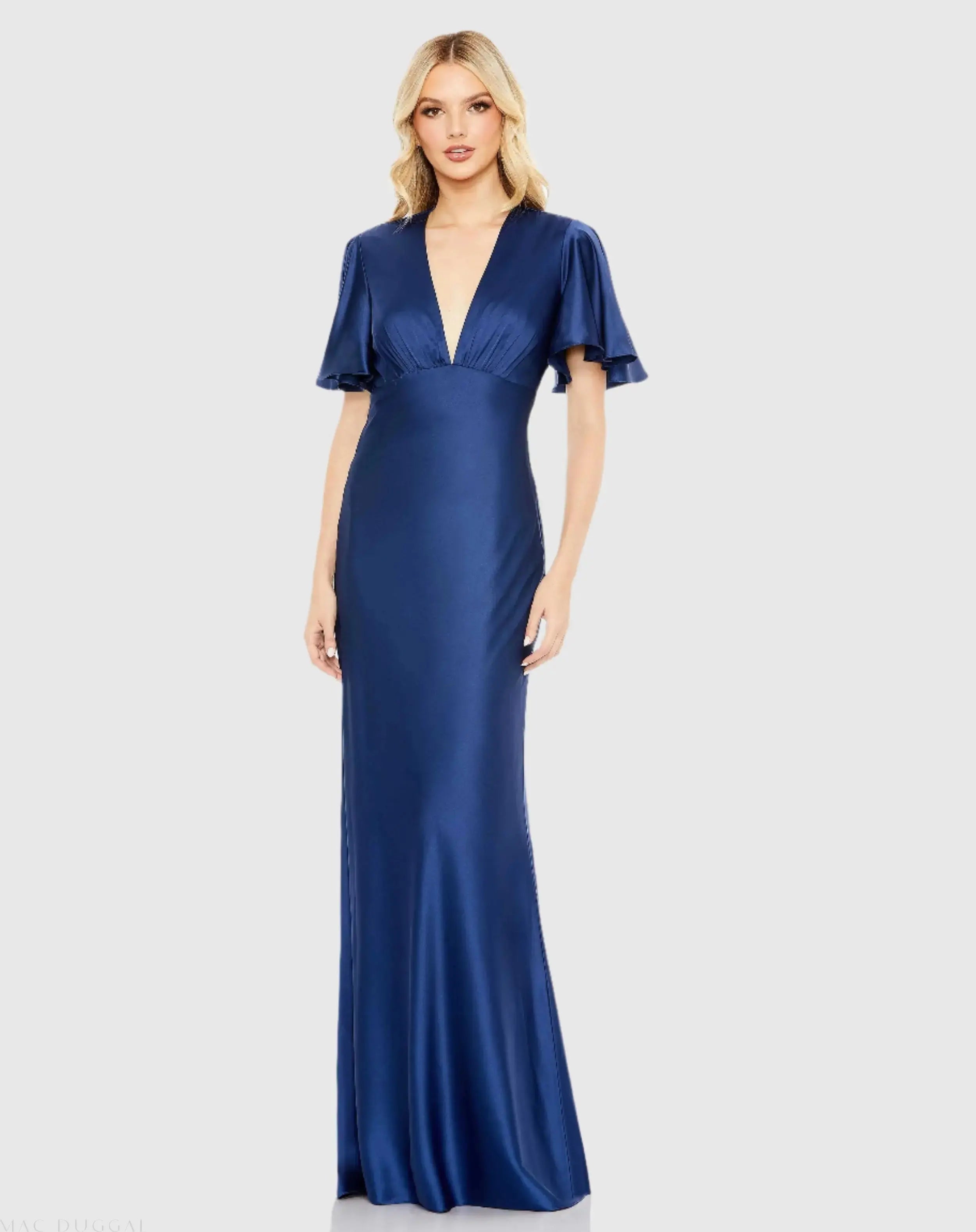Flounce Sleeve V-Neck Trumpet Gown-Myartka