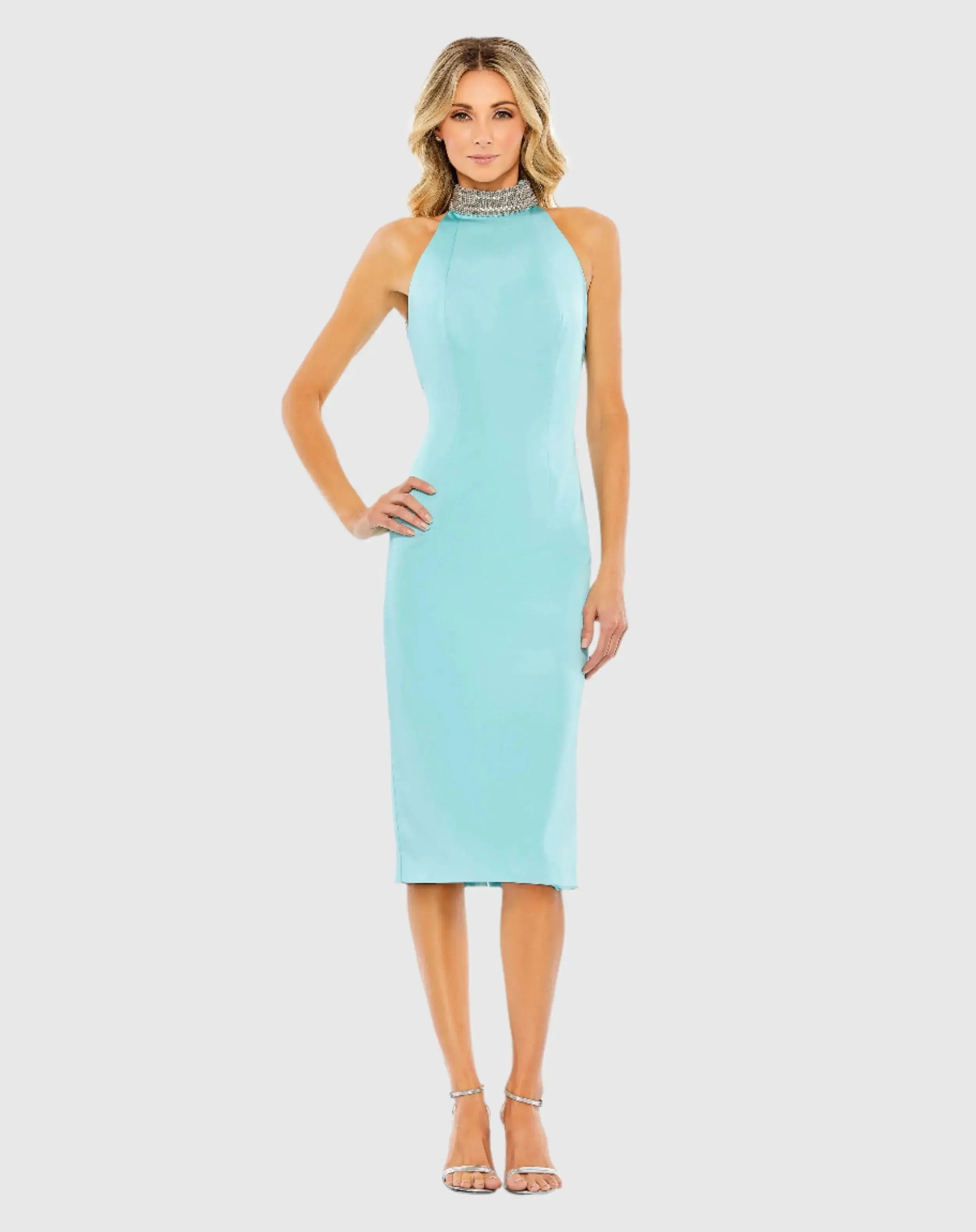 Open Back Jeweled Halter Midi Dress-Myartka