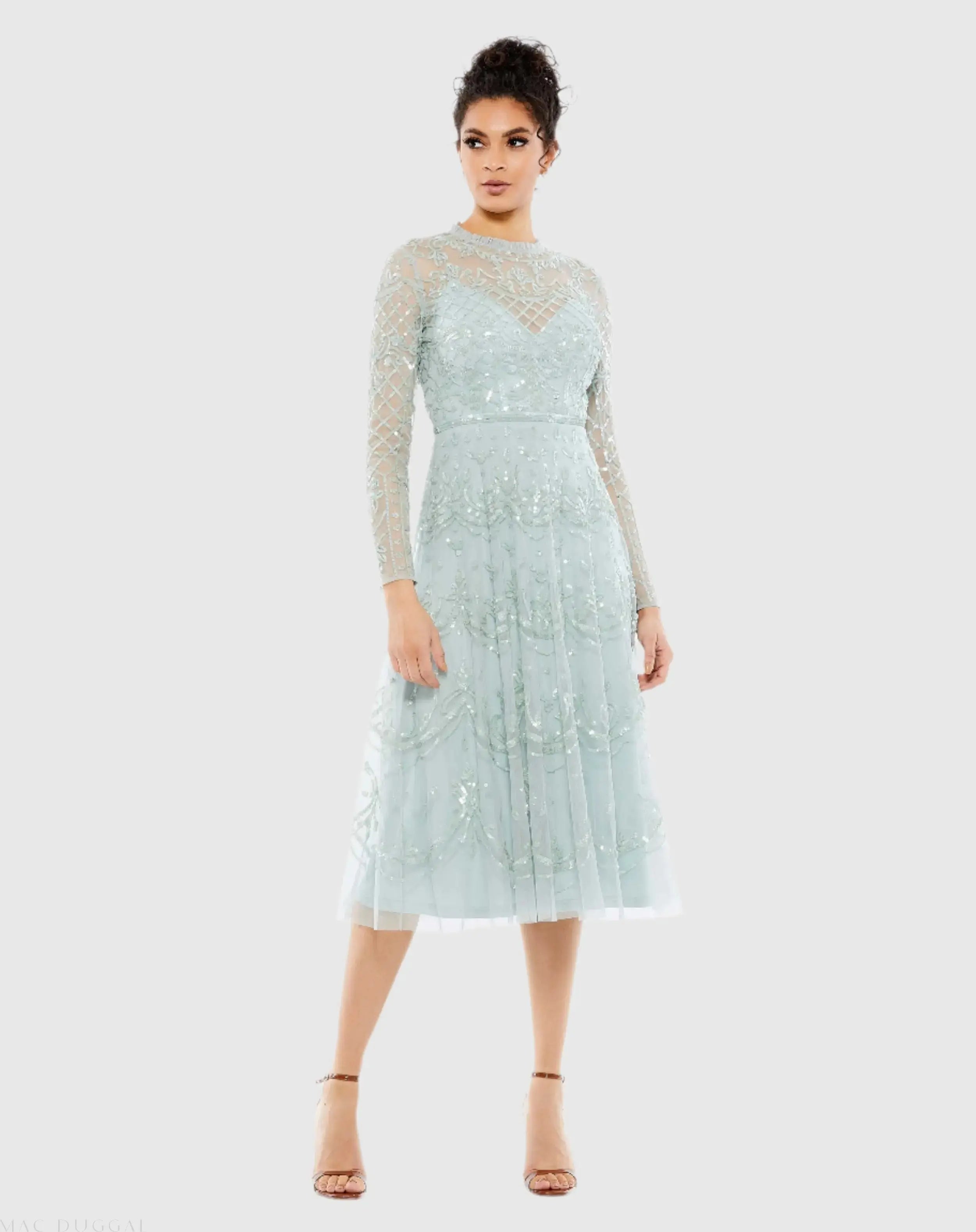 Sequined Illusion High Neck Long Sleeve Midi Dress-Myartka