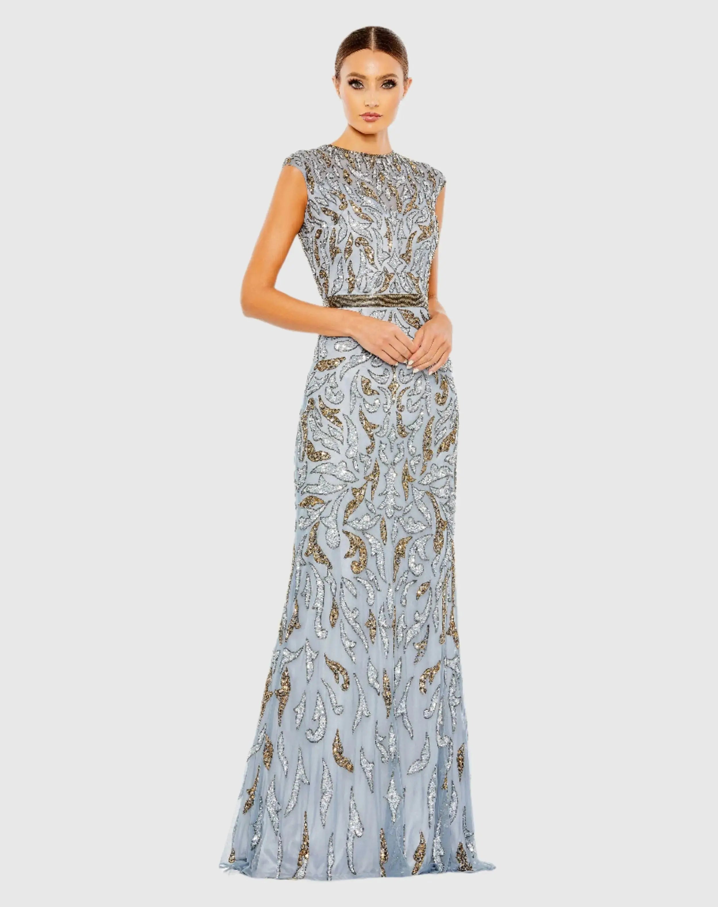 Embellished Illusion Cap Sleeve Column Gown-Myartka
