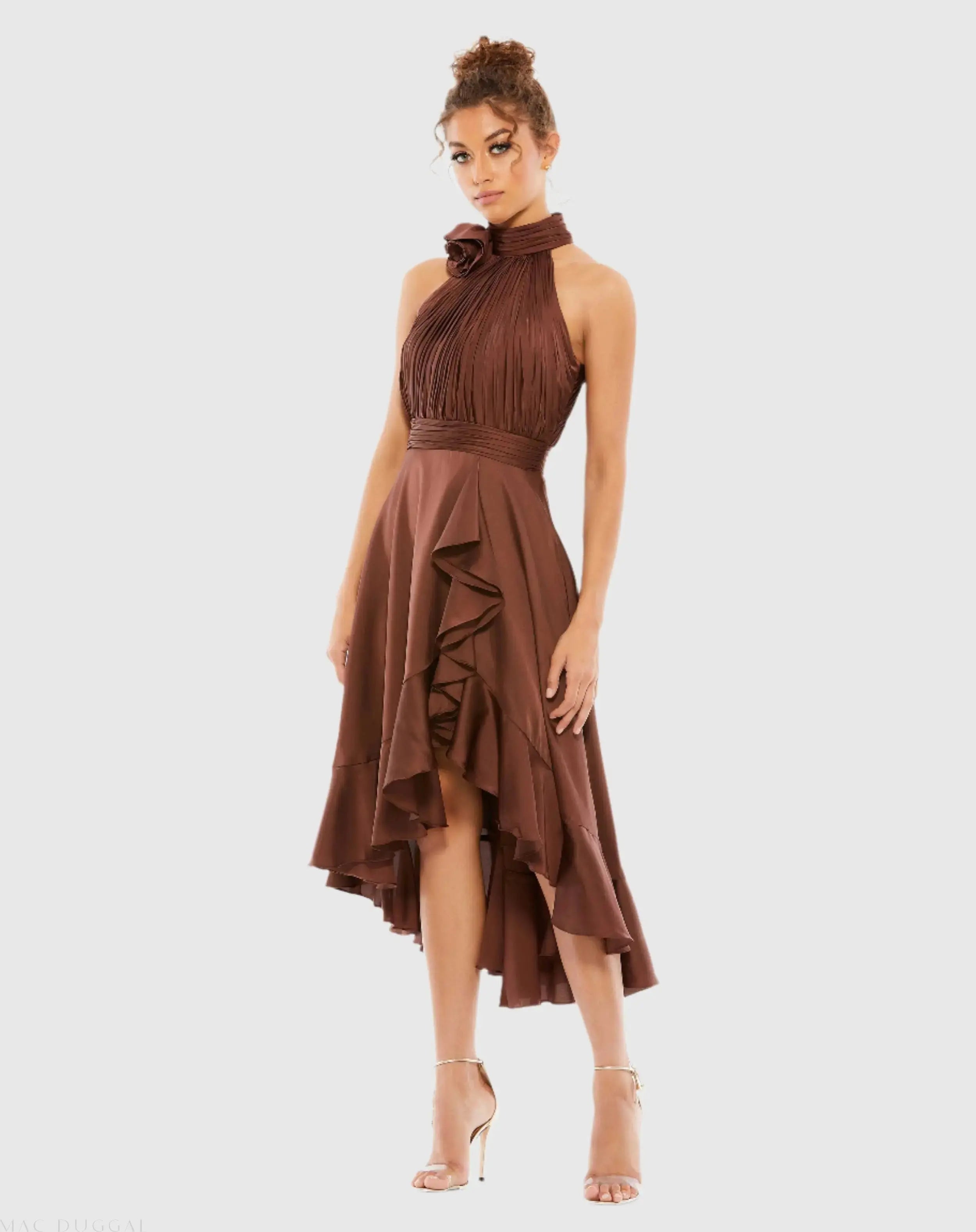 Brown Halter Neck Flower Detail Ruffled Midi Dress-Myartka
