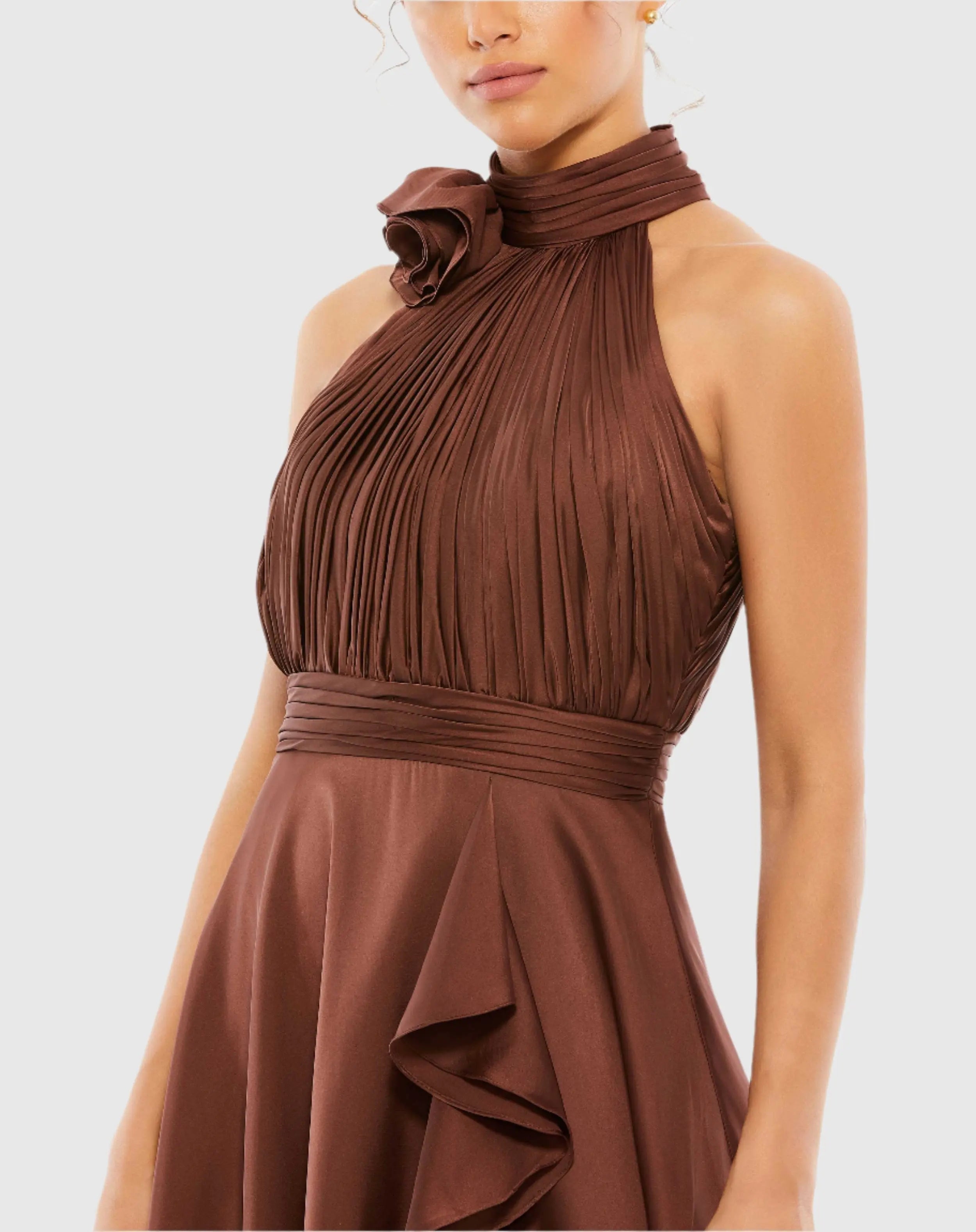 Brown Halter Neck Flower Detail Ruffled Midi Dress-Myartka