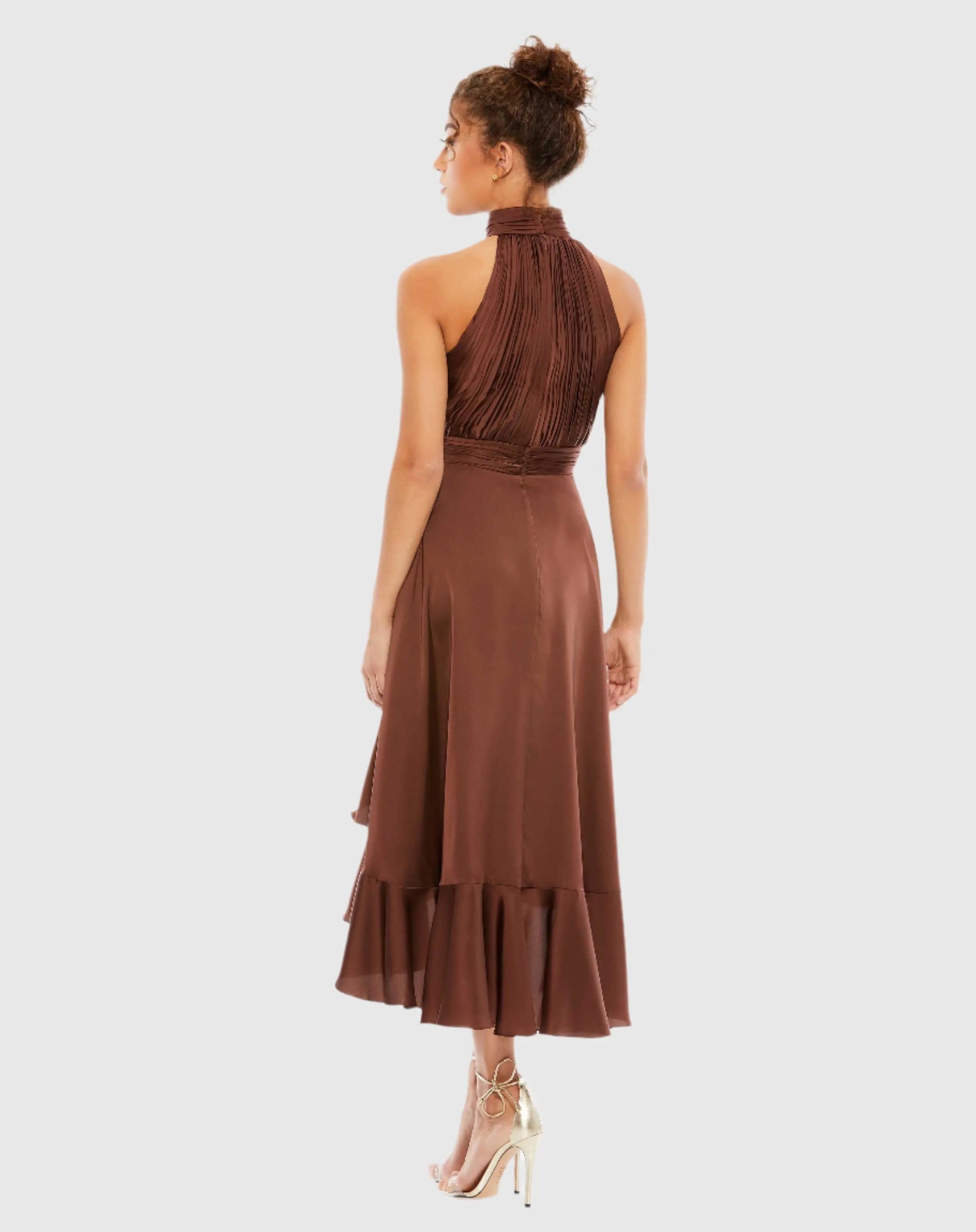 Brown Halter Neck Flower Detail Ruffled Midi Dress-Myartka