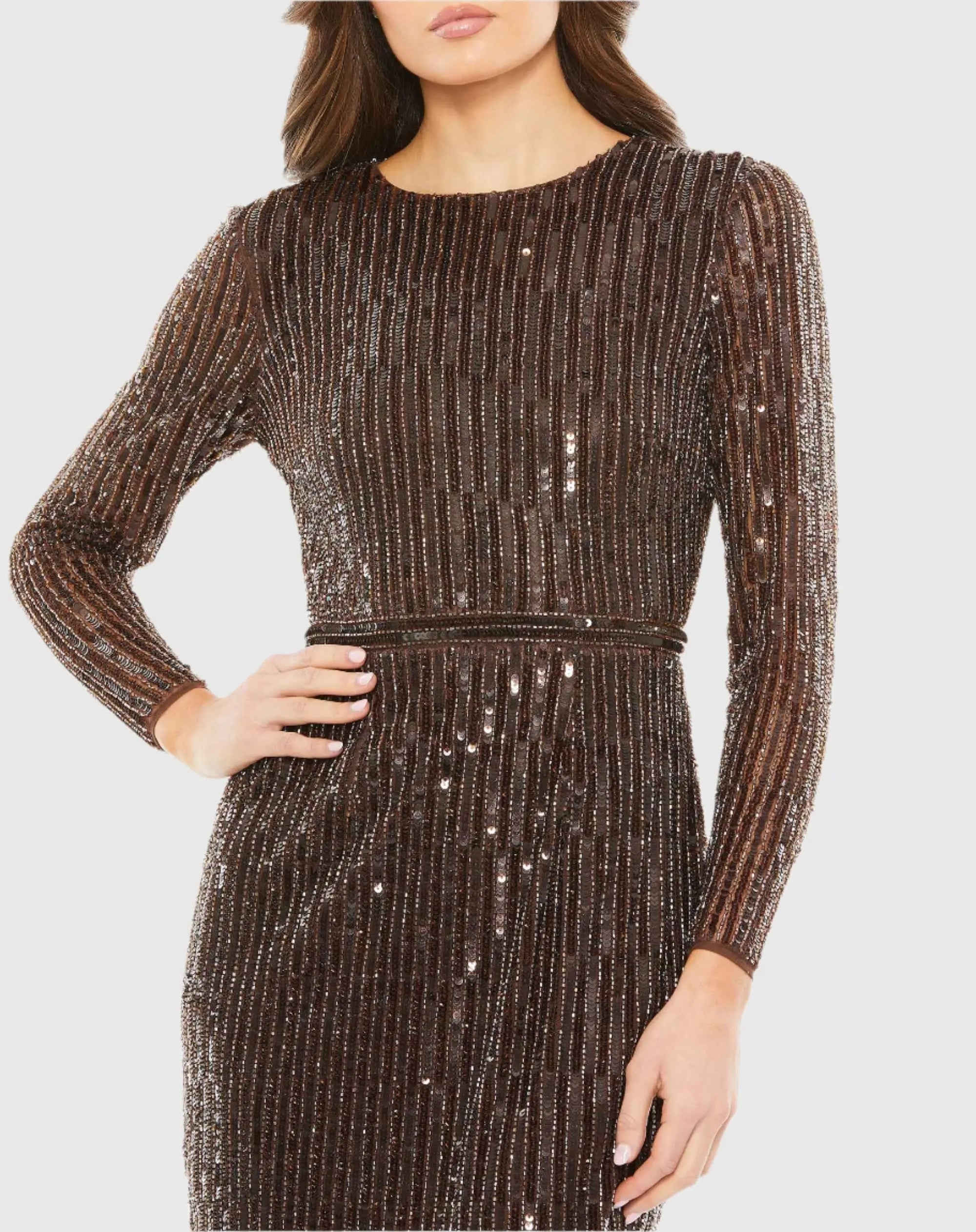 Brown Long Sleeve Sequin Mini Dress-Myartka