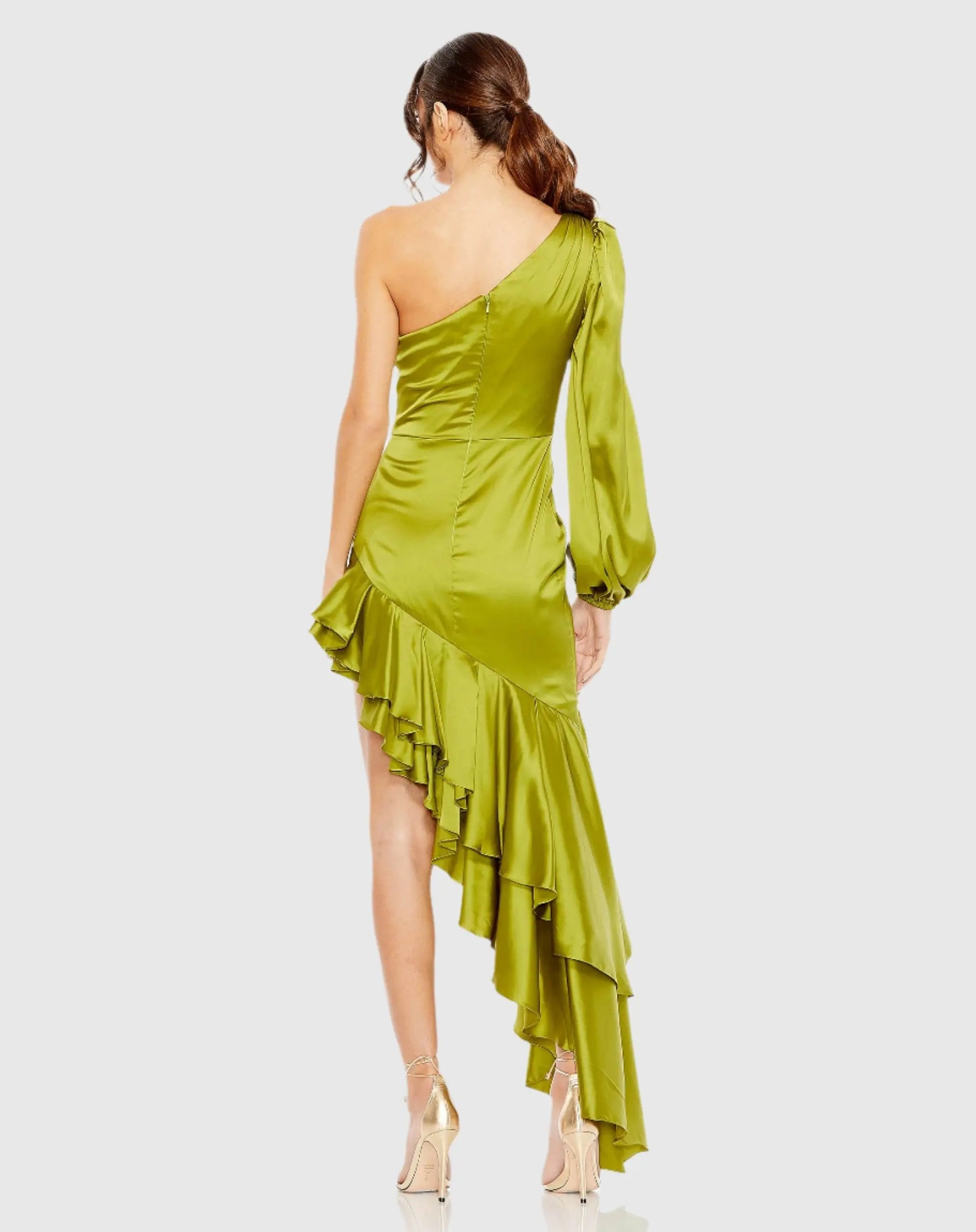 Green Charmeuse One Sleeve Ruffled Asymmetrical Gown - FINAL SALE-Myartka