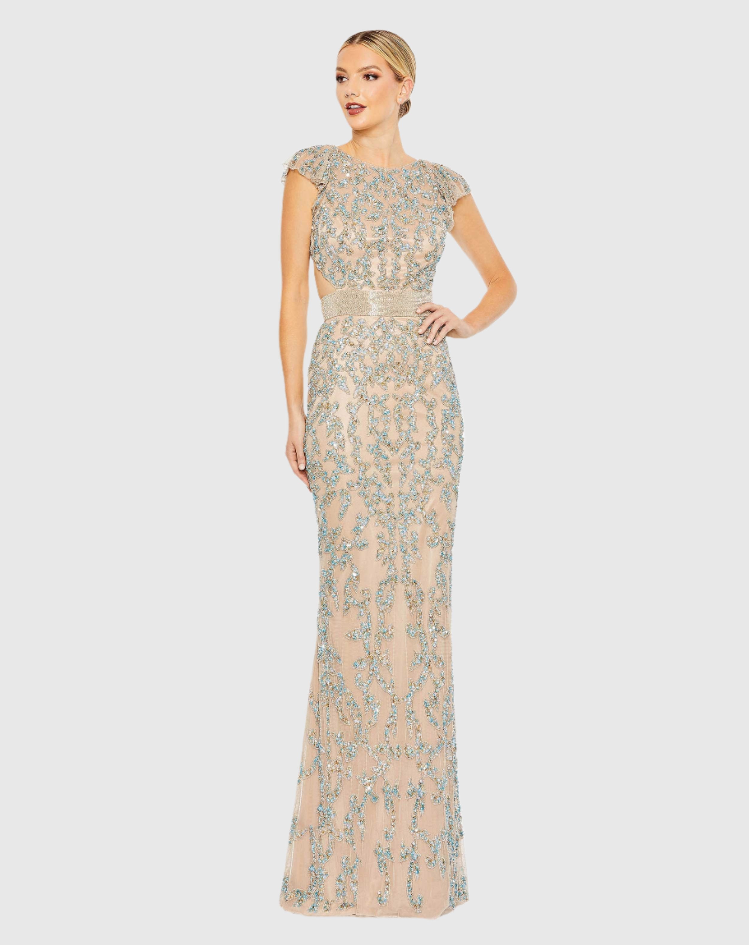 Beige Damask Sequin Embellished Open Back Lace Up Cap Sleeve Gown-Myartka