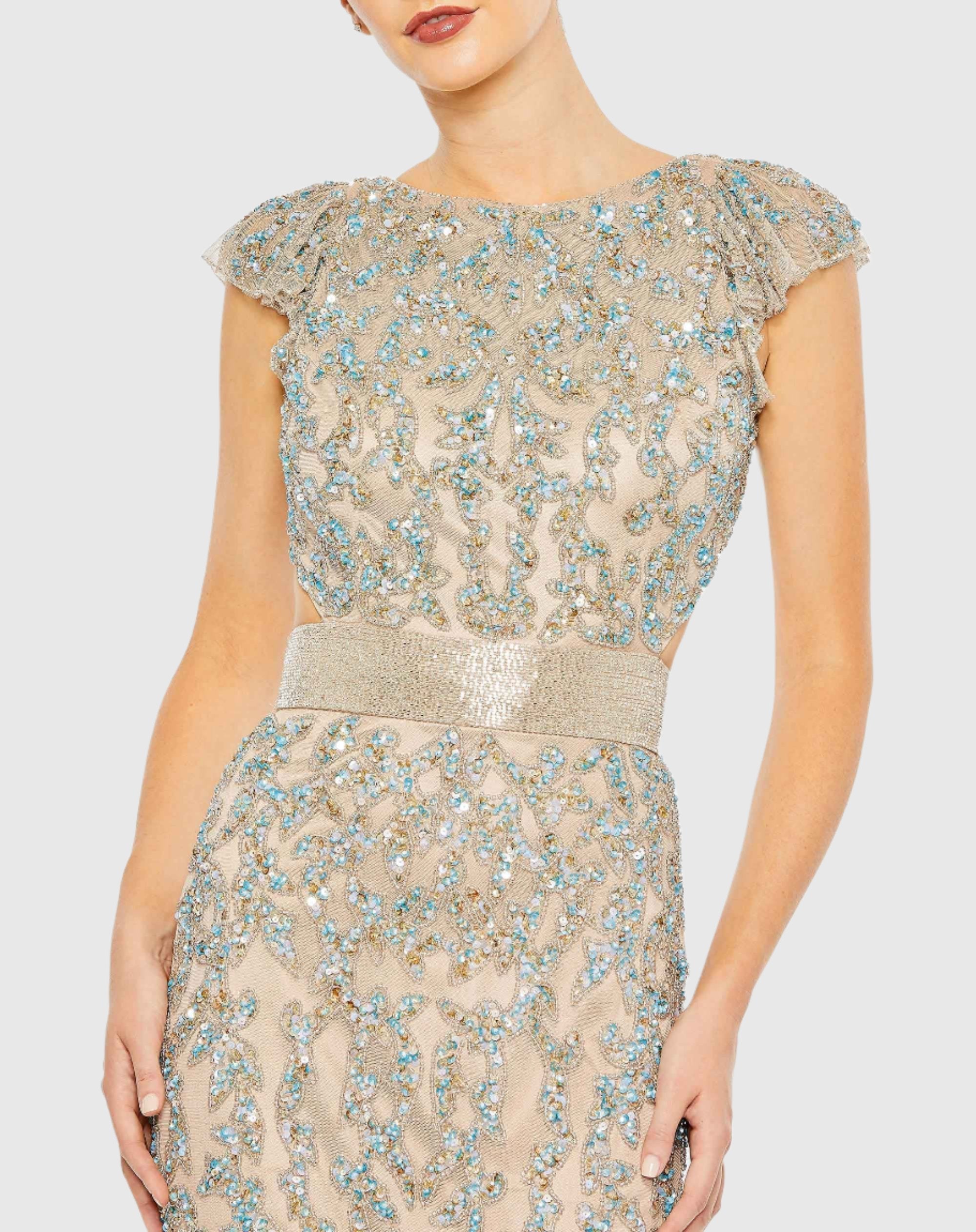 Beige Damask Sequin Embellished Open Back Lace Up Cap Sleeve Gown-Myartka