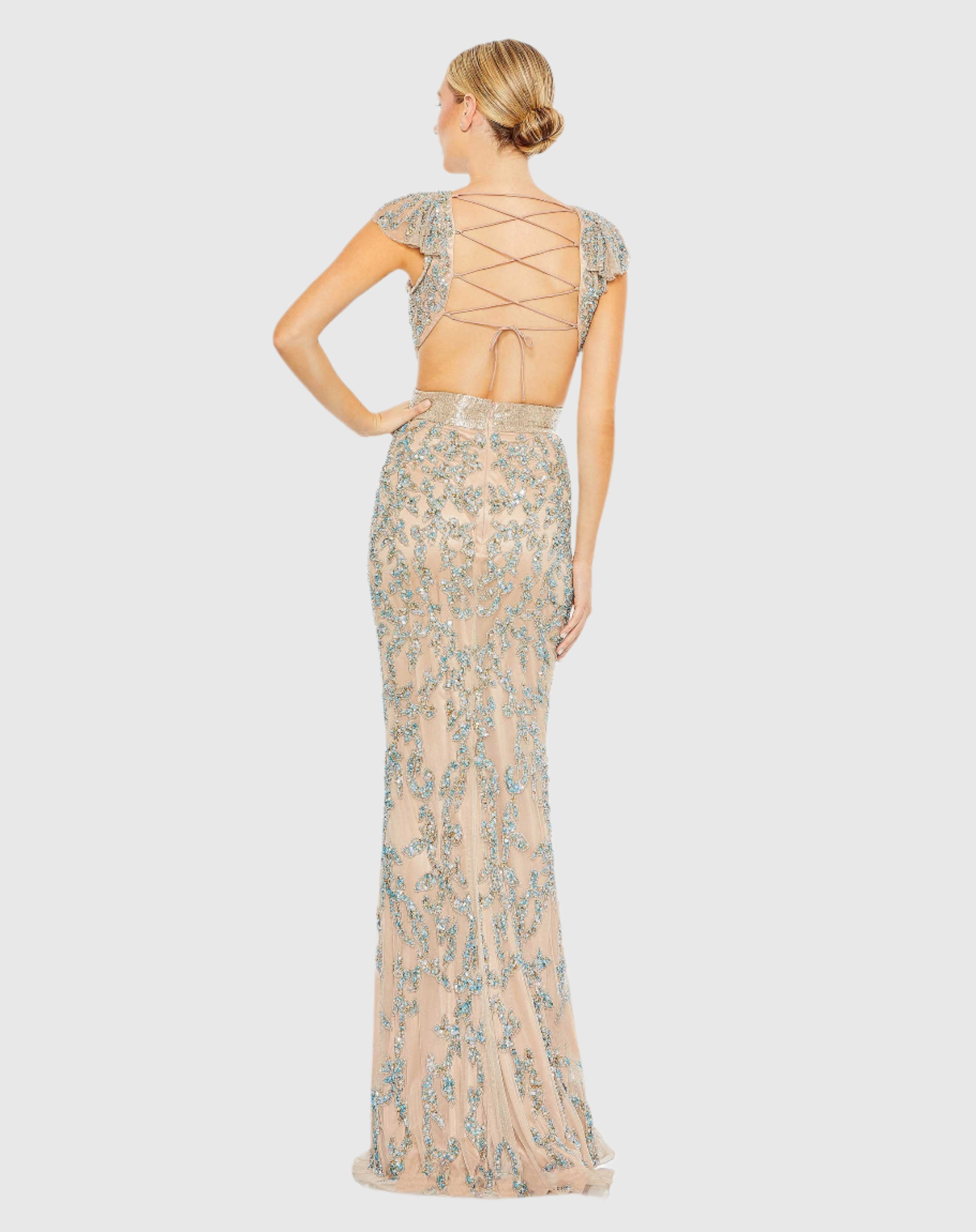 Beige Damask Sequin Embellished Open Back Lace Up Cap Sleeve Gown-Myartka