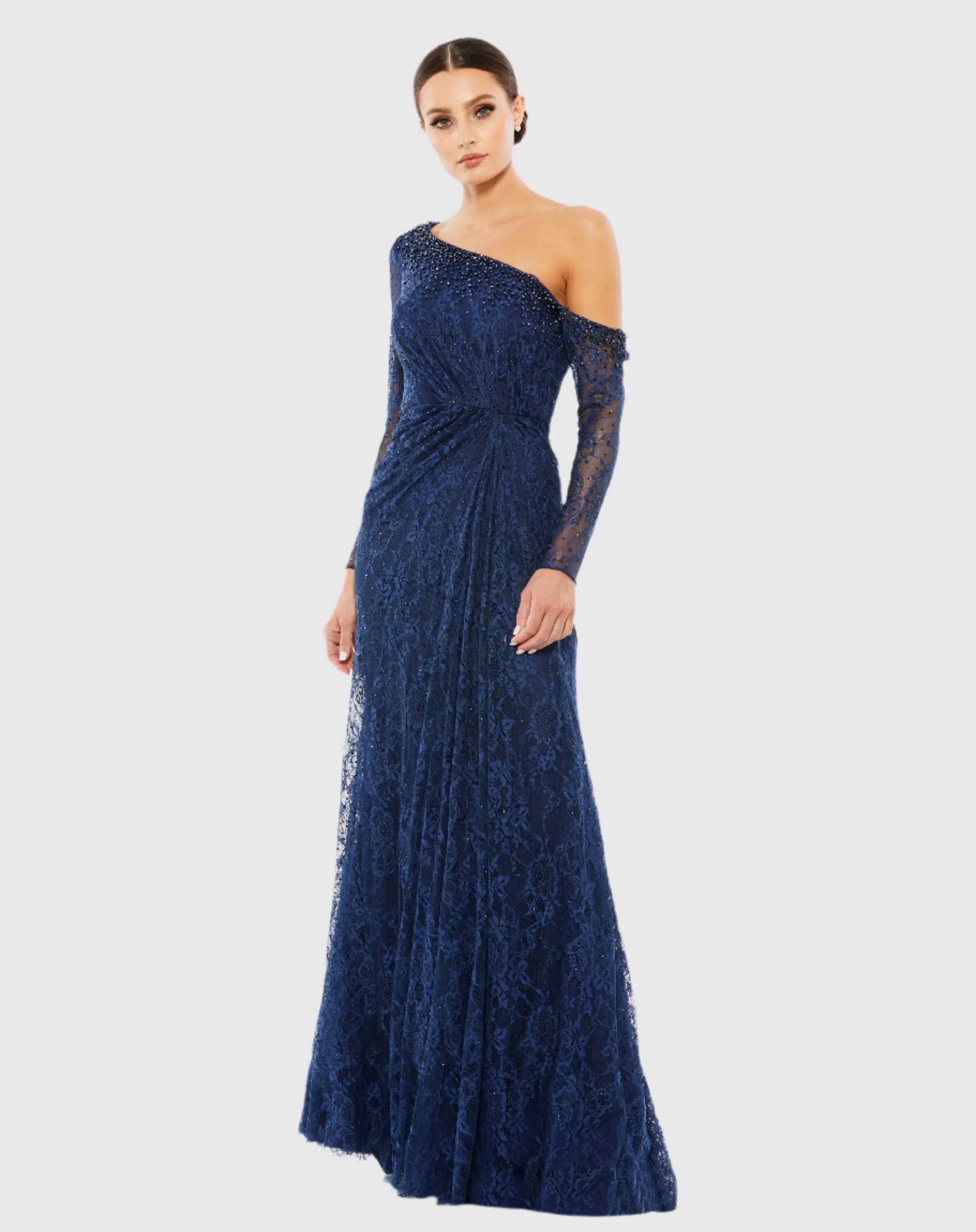 Navy Draped Jewel Encrusted Lace Drop Shoulder Gown-Myartka
