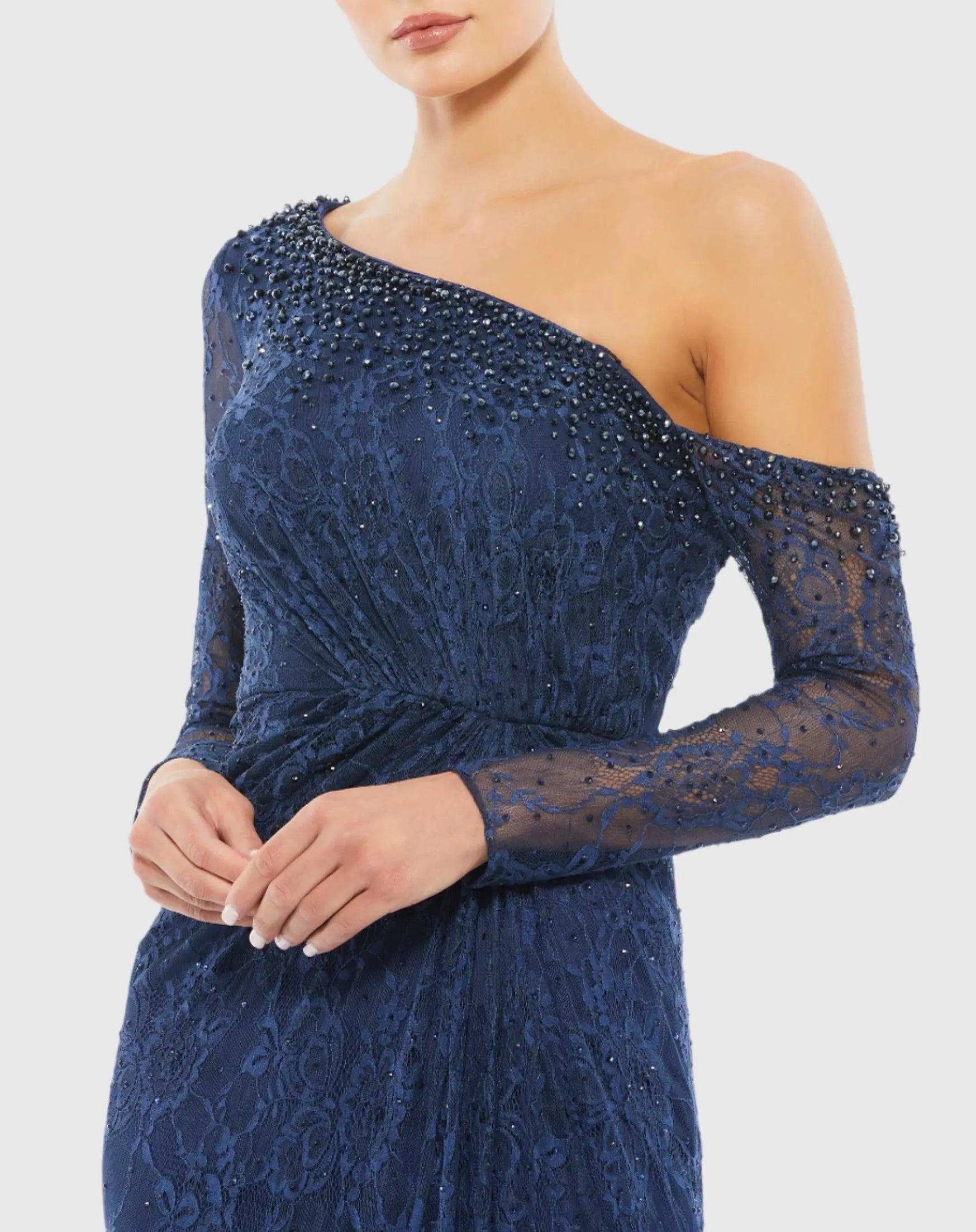Navy Draped Jewel Encrusted Lace Drop Shoulder Gown-Myartka