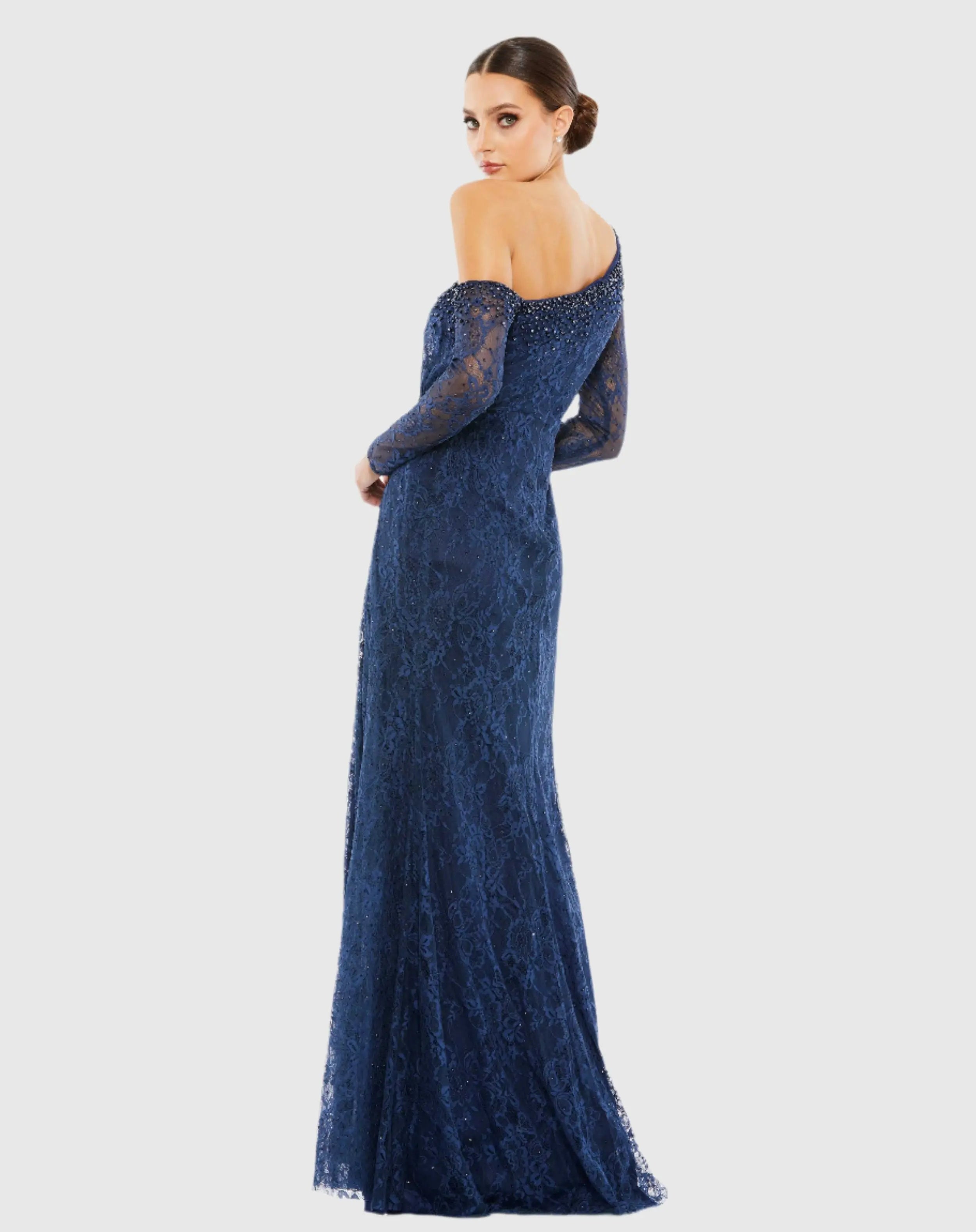 Navy Draped Jewel Encrusted Lace Drop Shoulder Gown-Myartka