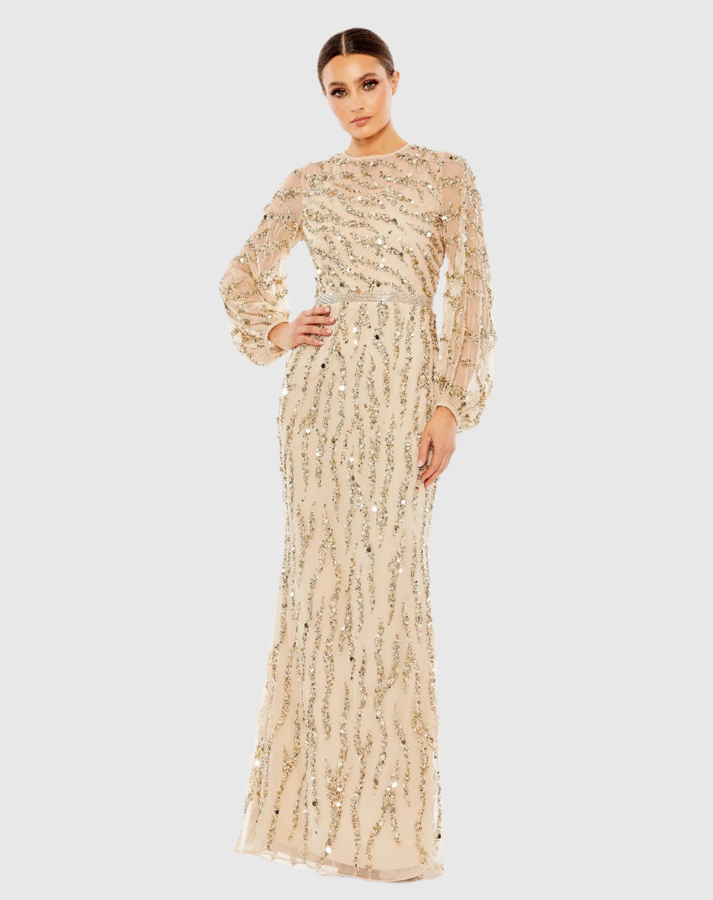 Gold Embellished High Neck Puff Sleeve Trumpet Gown-Myartka