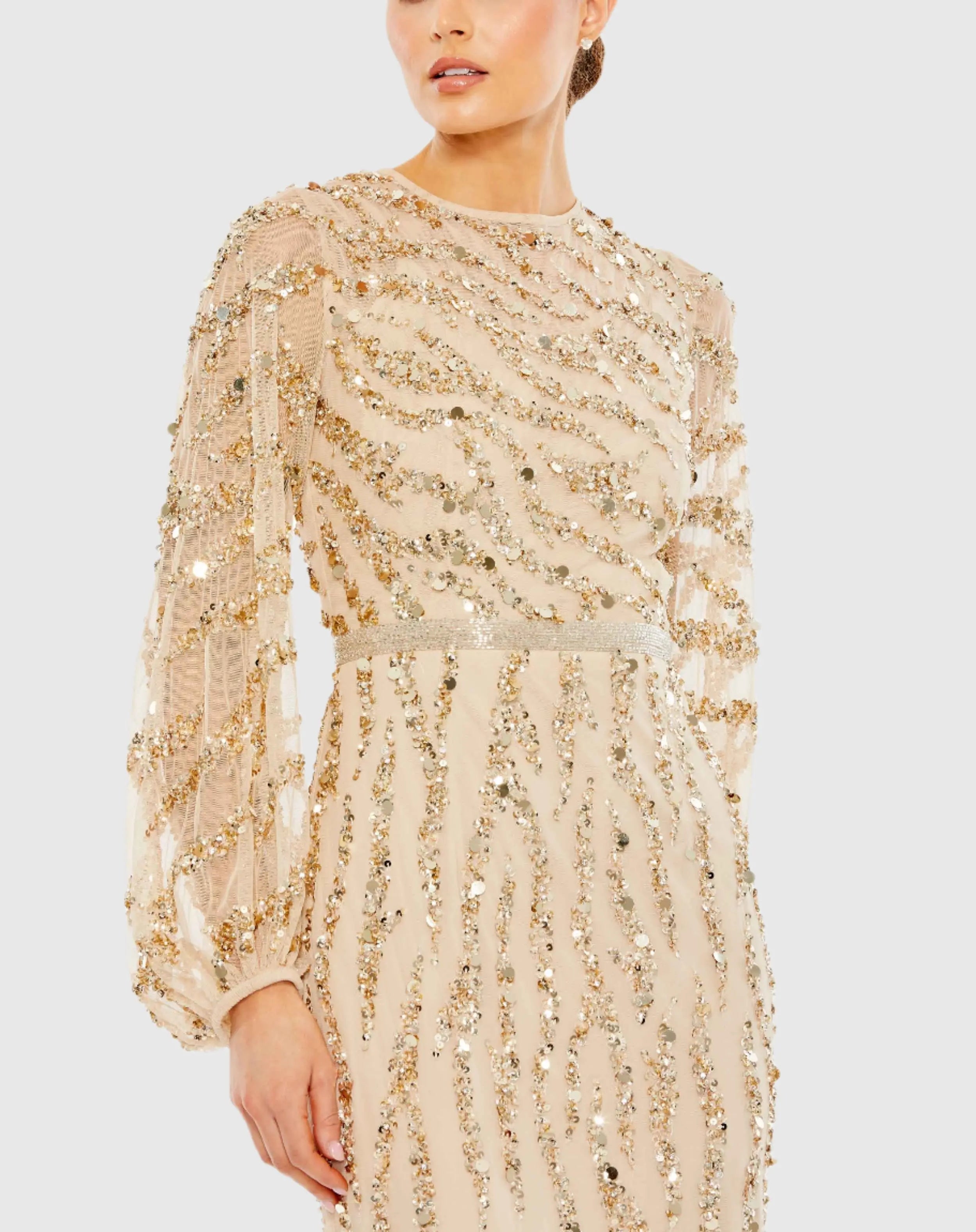 Gold Embellished High Neck Puff Sleeve Trumpet Gown-Myartka