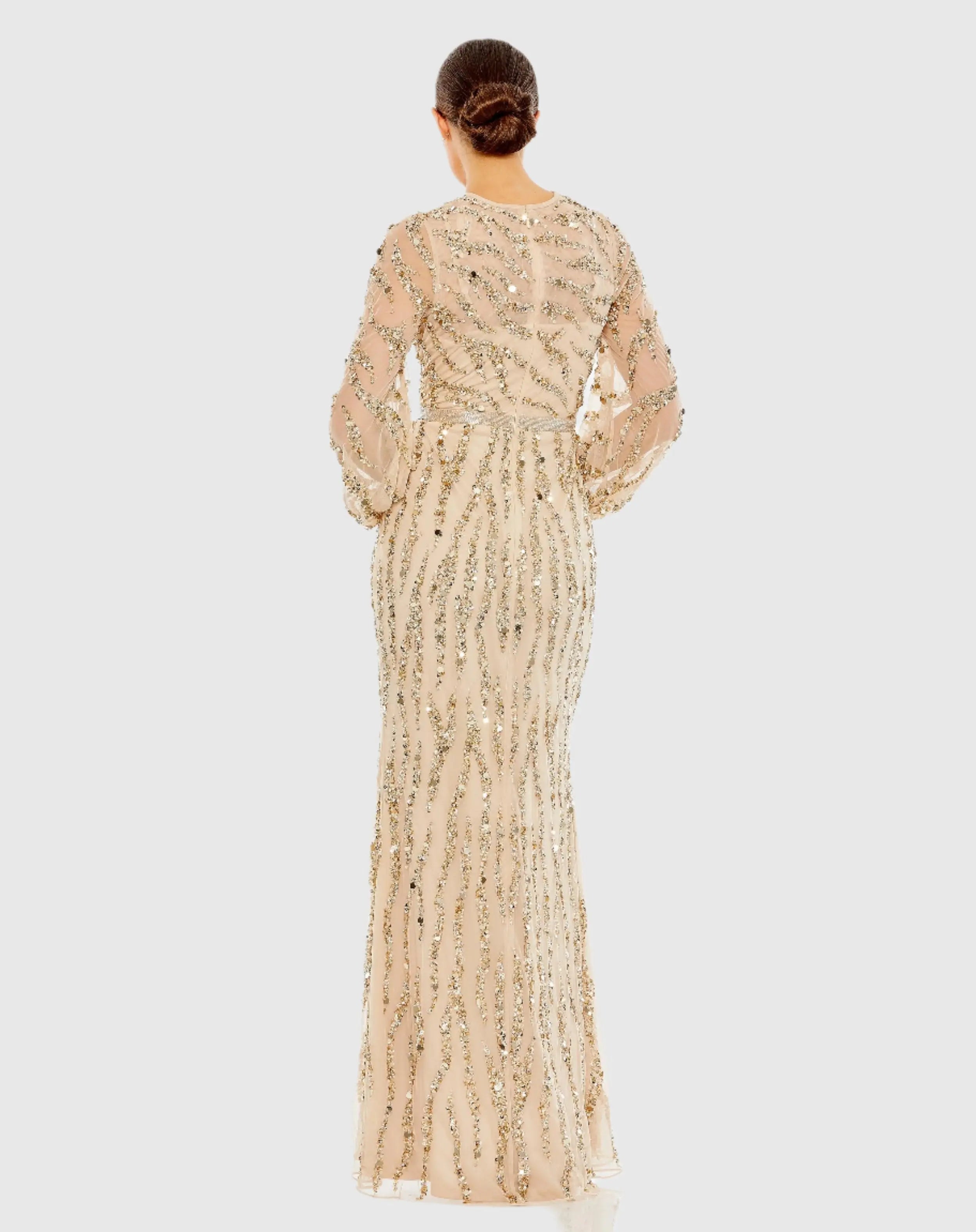 Gold Embellished High Neck Puff Sleeve Trumpet Gown-Myartka