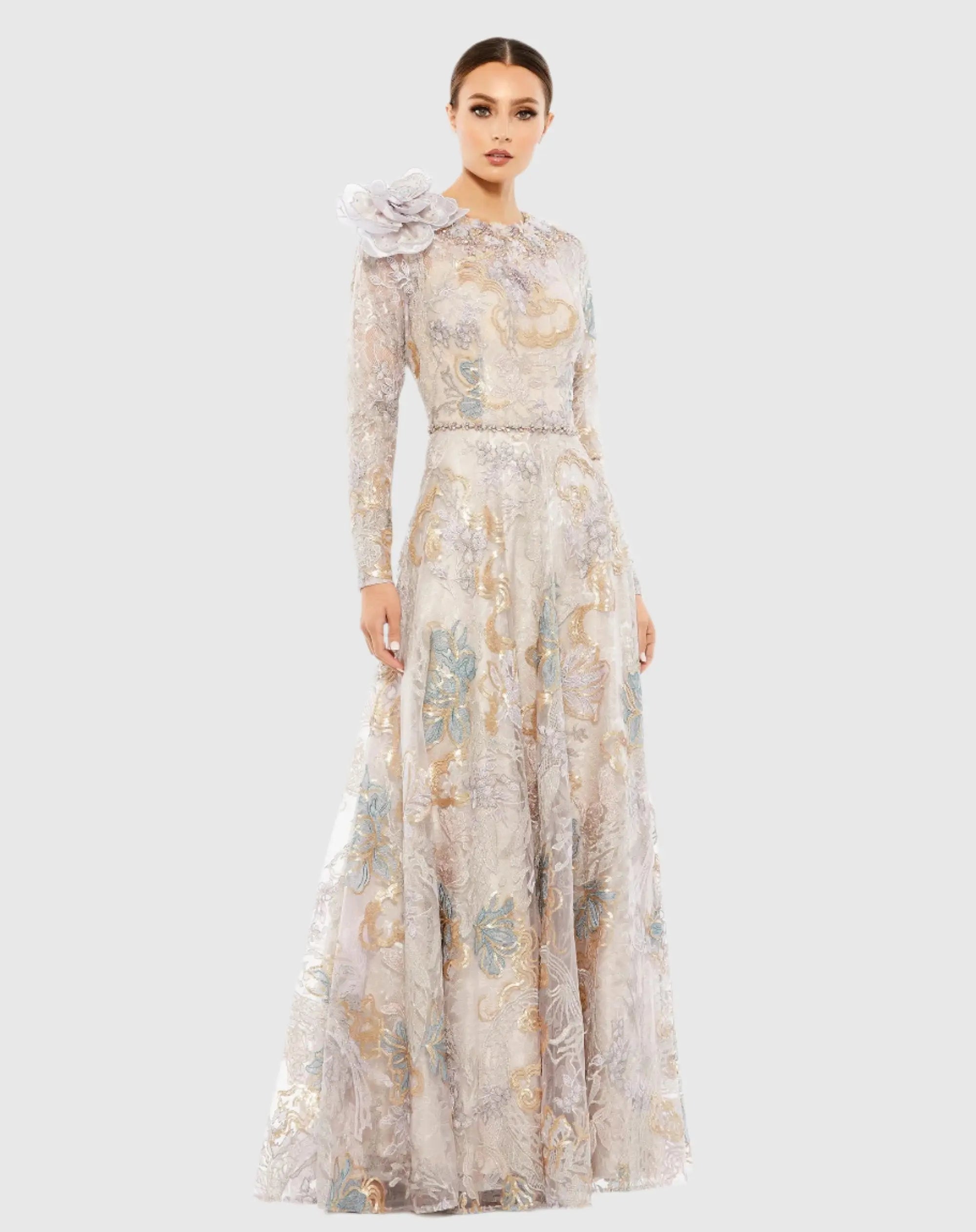 Beige Embellished Long Sleeve High Neck Rose Applique Gown-Myartka