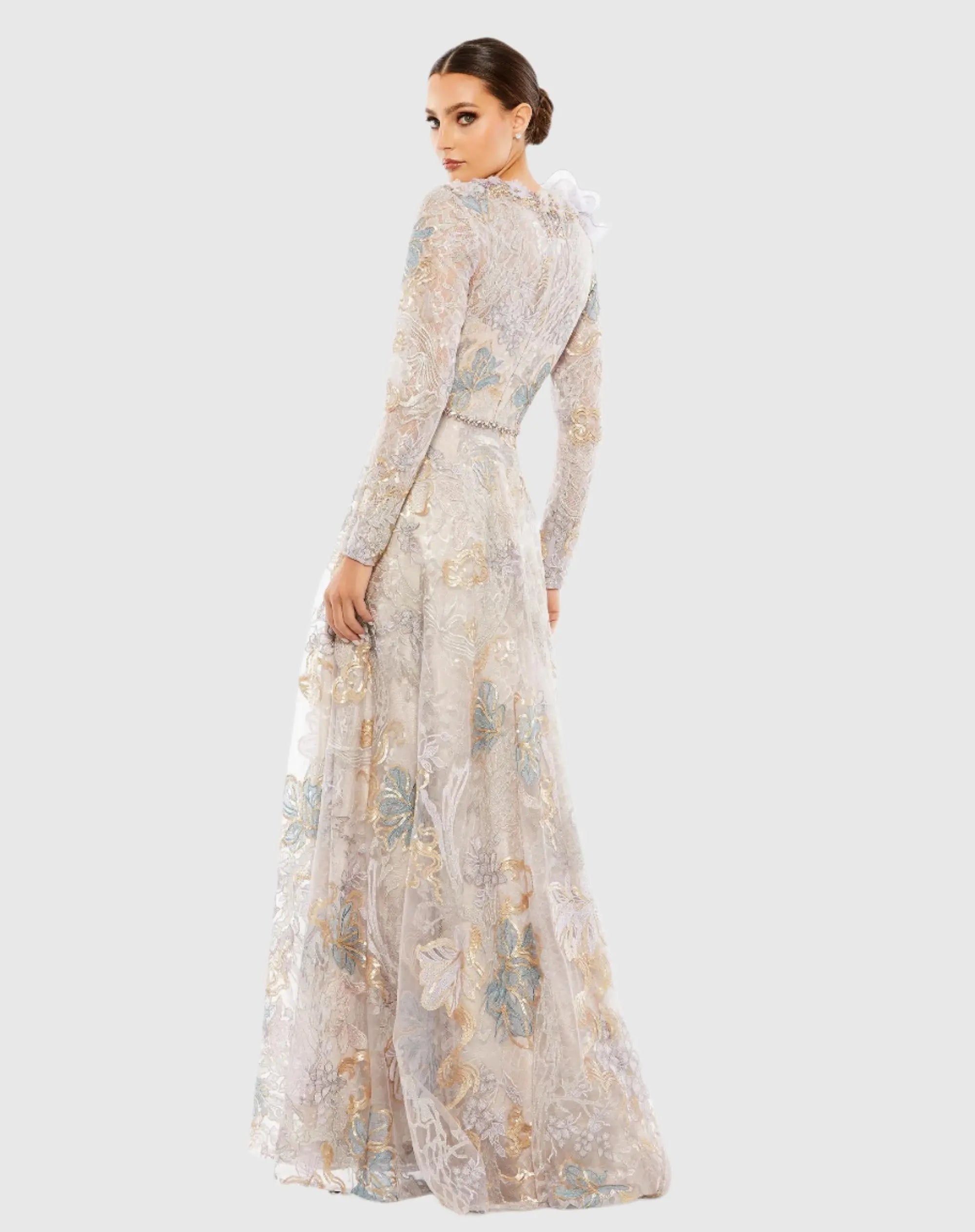 Beige Embellished Long Sleeve High Neck Rose Applique Gown-Myartka