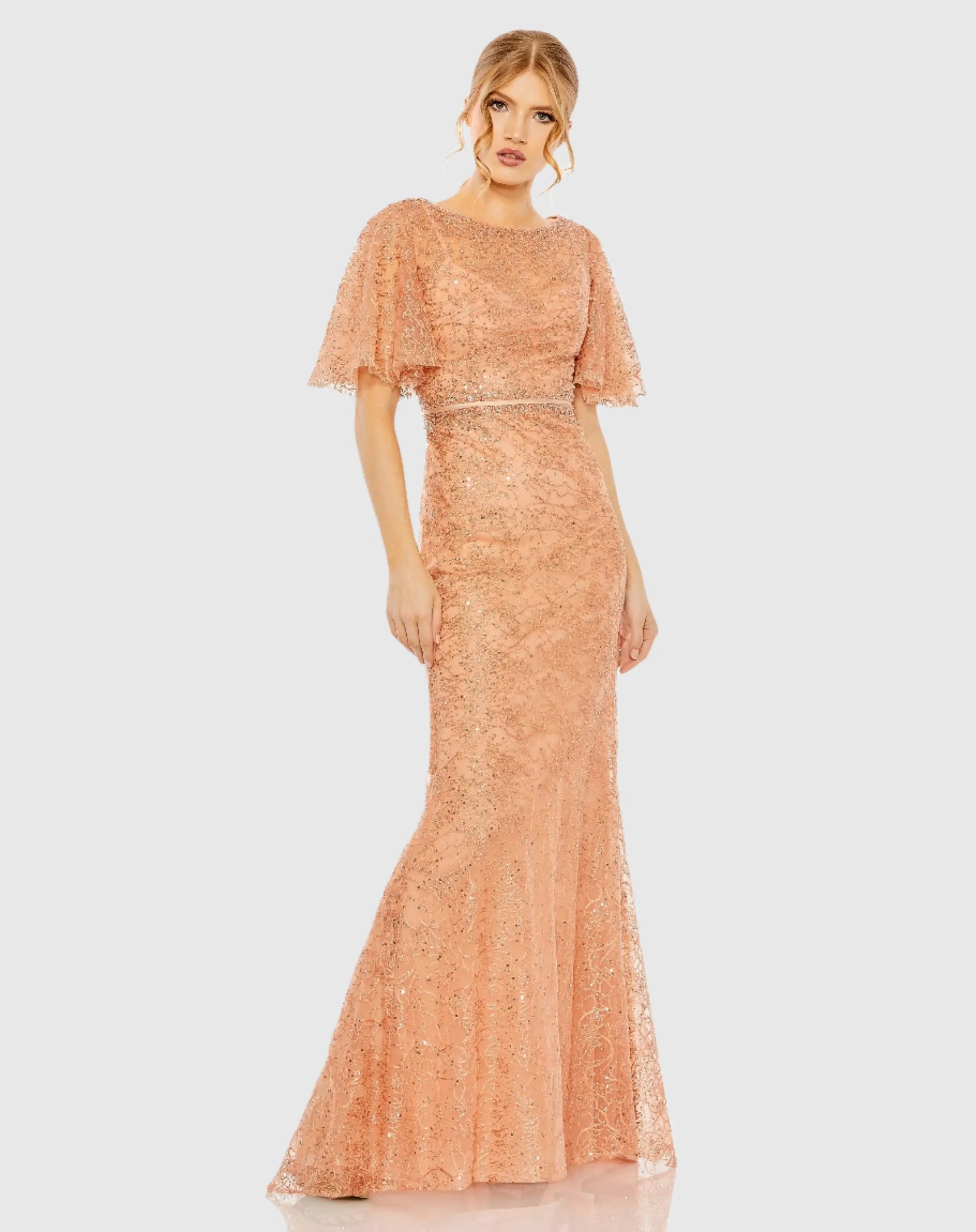 Orange Embellished Neck Butterfly Sleeve Trumpet Gown - FINAL SALE-Myartka