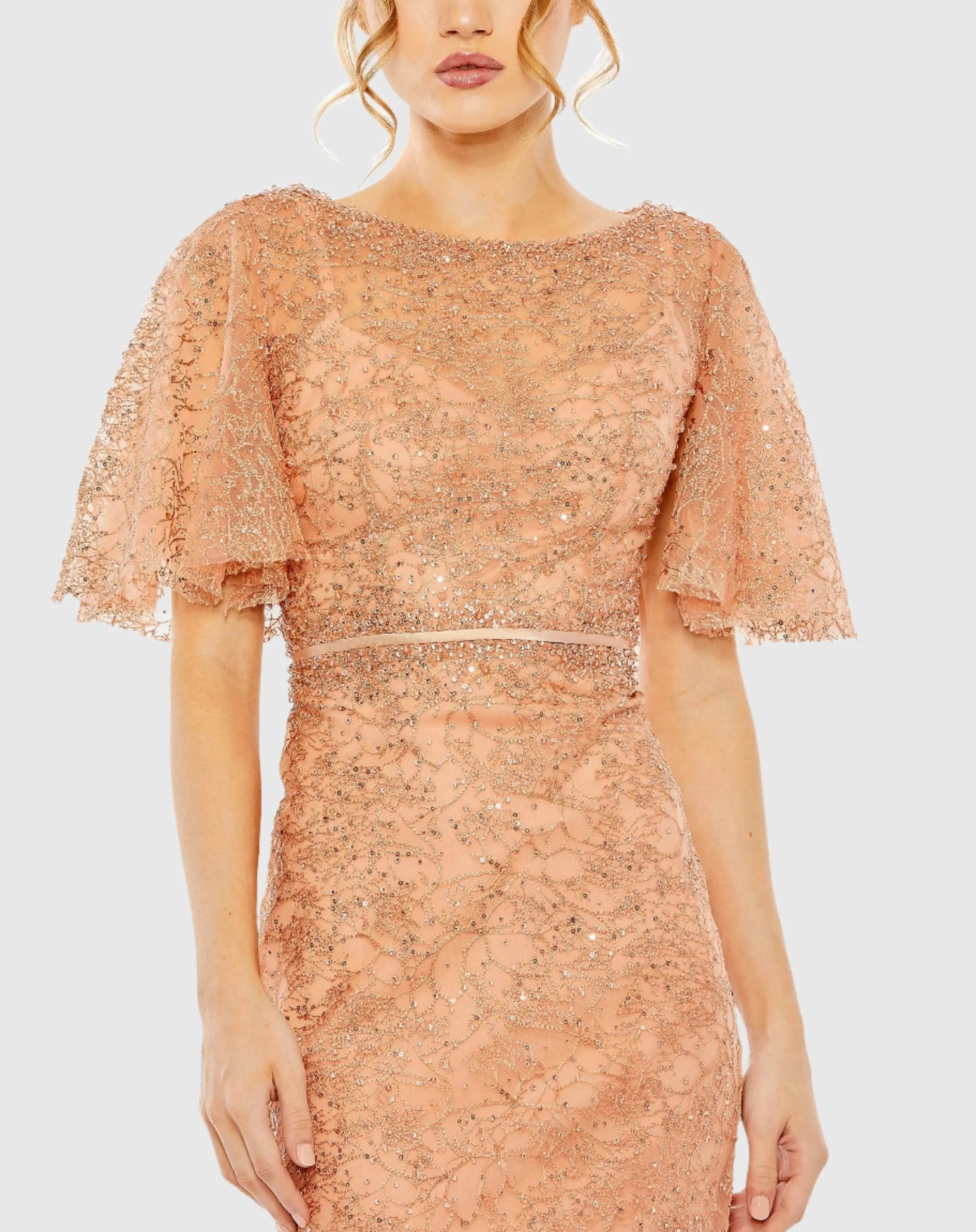 Orange Embellished Neck Butterfly Sleeve Trumpet Gown - FINAL SALE-Myartka