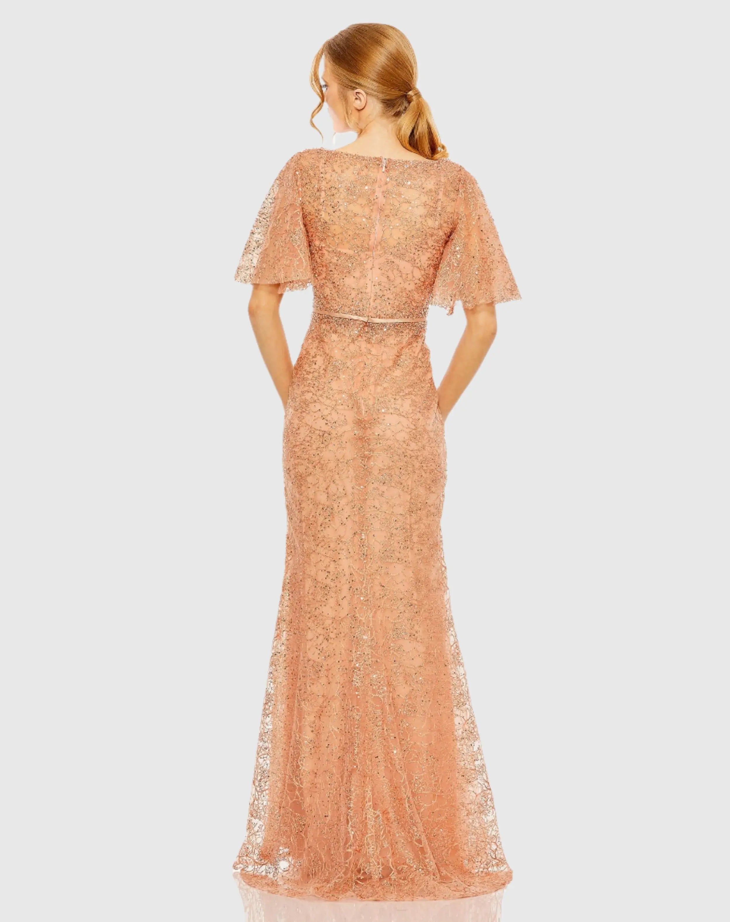 Orange Embellished Neck Butterfly Sleeve Trumpet Gown - FINAL SALE-Myartka