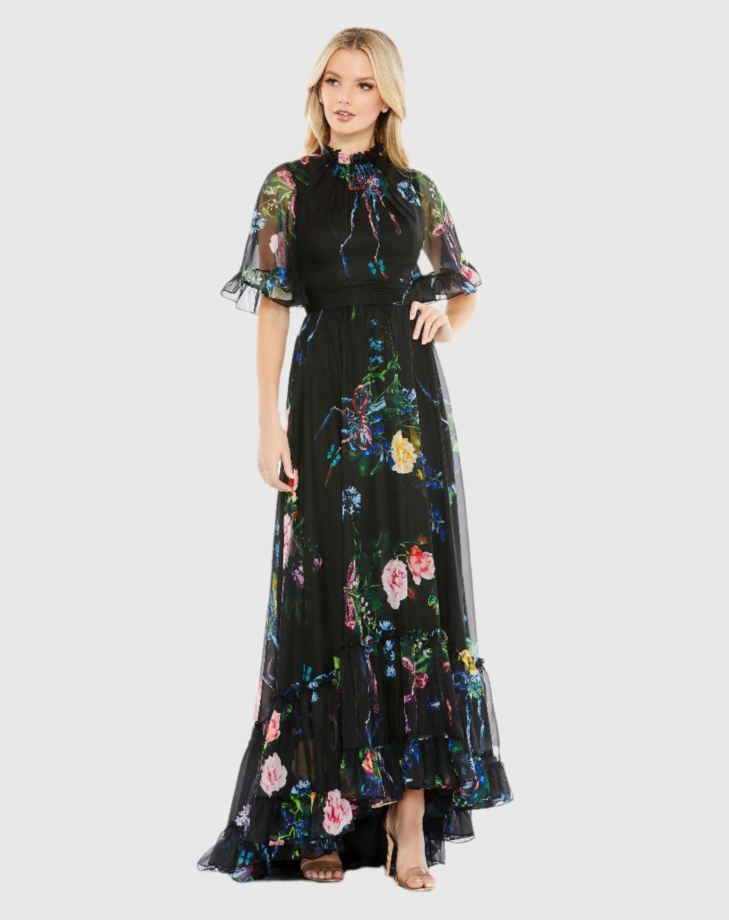 Black Floral Print Ruffled High Neck Flutter Sleeve Gown-Myartka