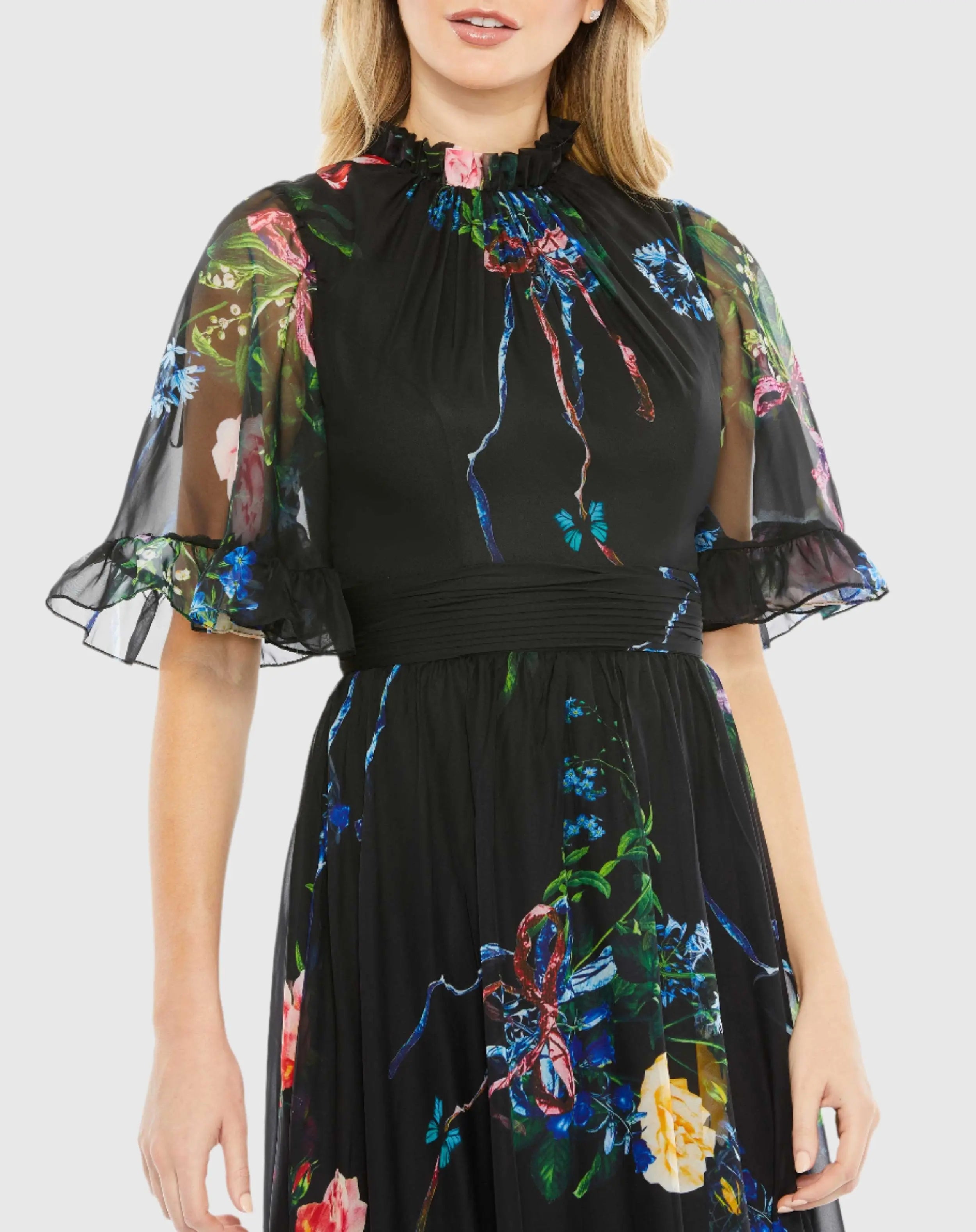 Black Floral Print Ruffled High Neck Flutter Sleeve Gown-Myartka