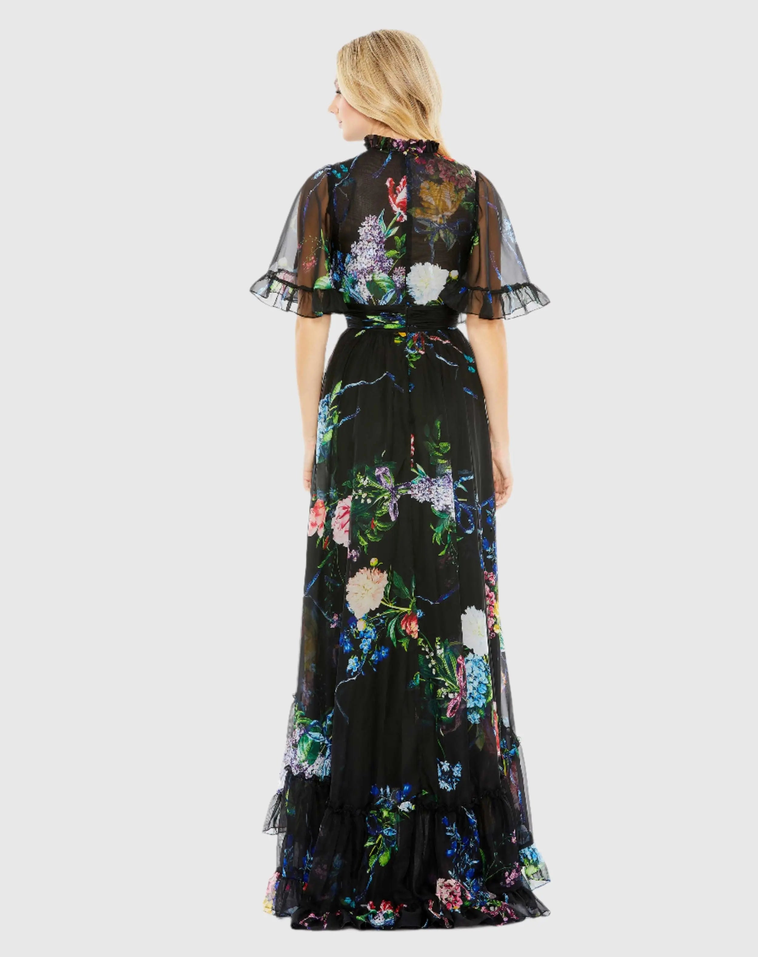 Black Floral Print Ruffled High Neck Flutter Sleeve Gown-Myartka