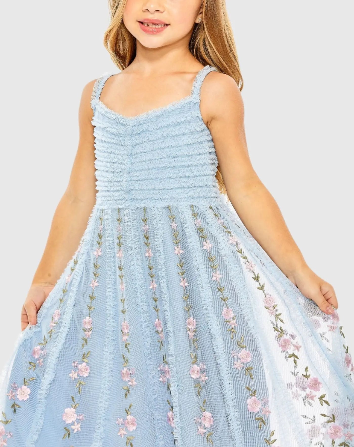 Light Blue Girls Ruffle Floral Embroidered Detail Mini Dress-Myartka