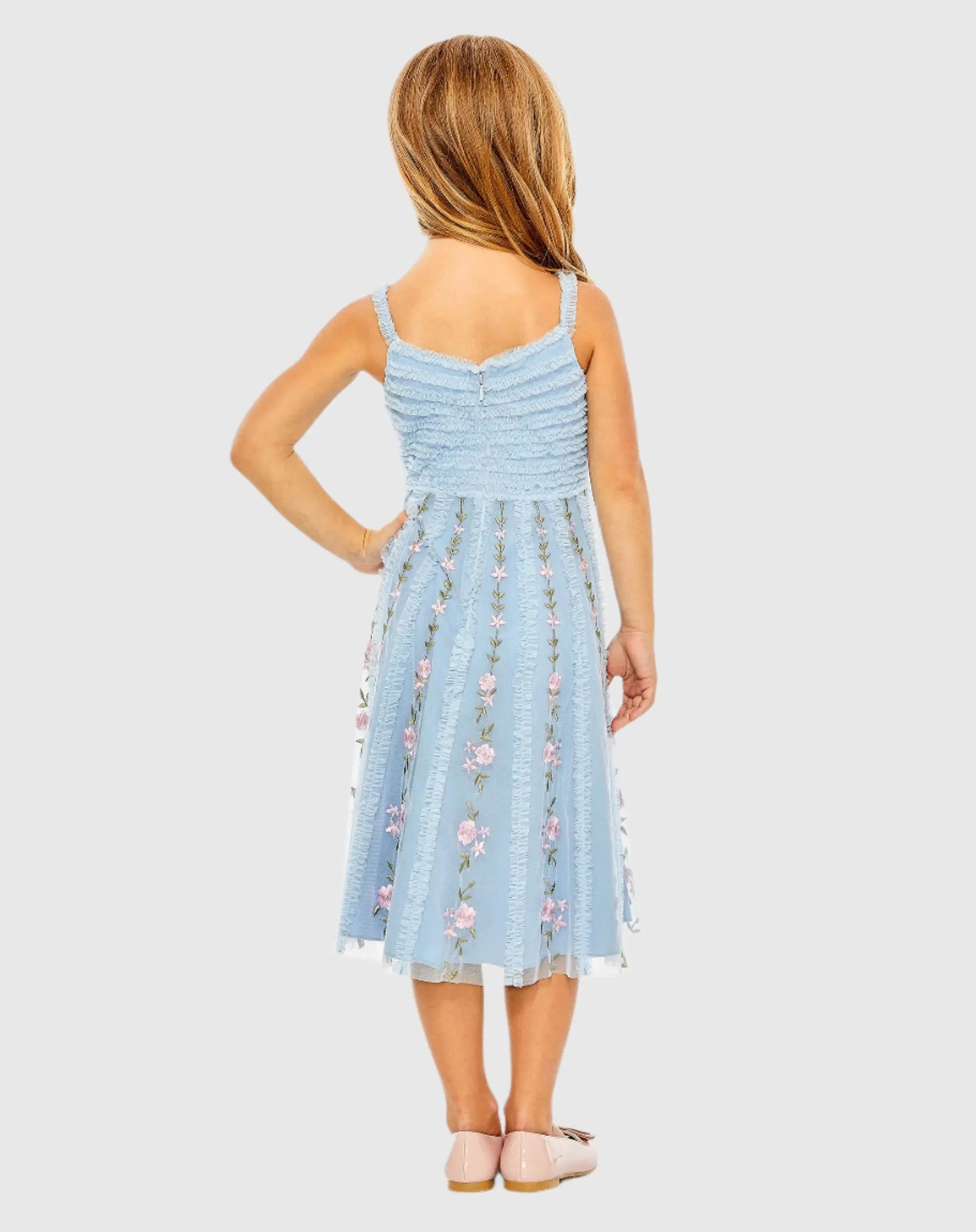 Light Blue Girls Ruffle Floral Embroidered Detail Mini Dress-Myartka