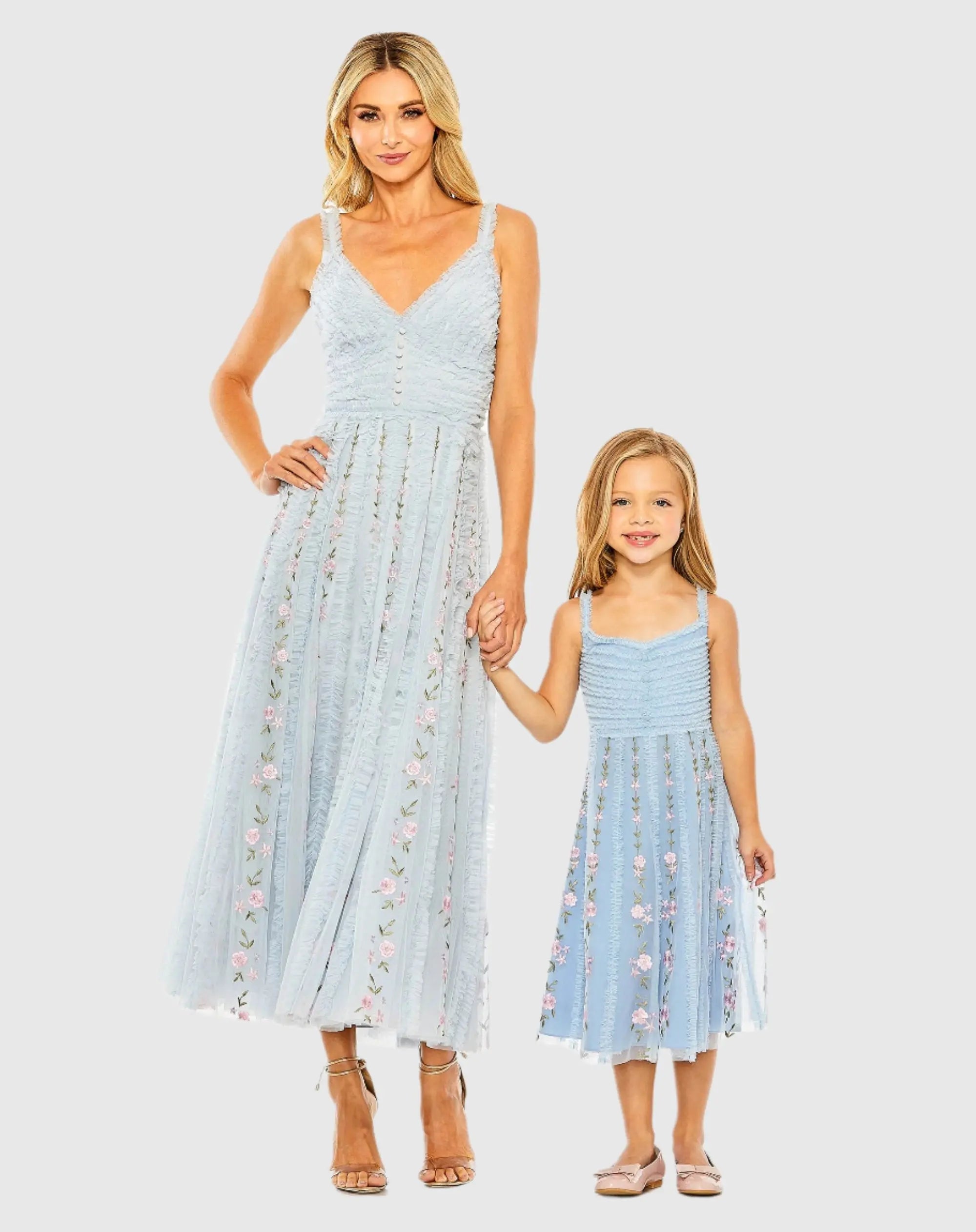 Blue Ruffle Floral Embroidered Detail Midi Dress-Myartka