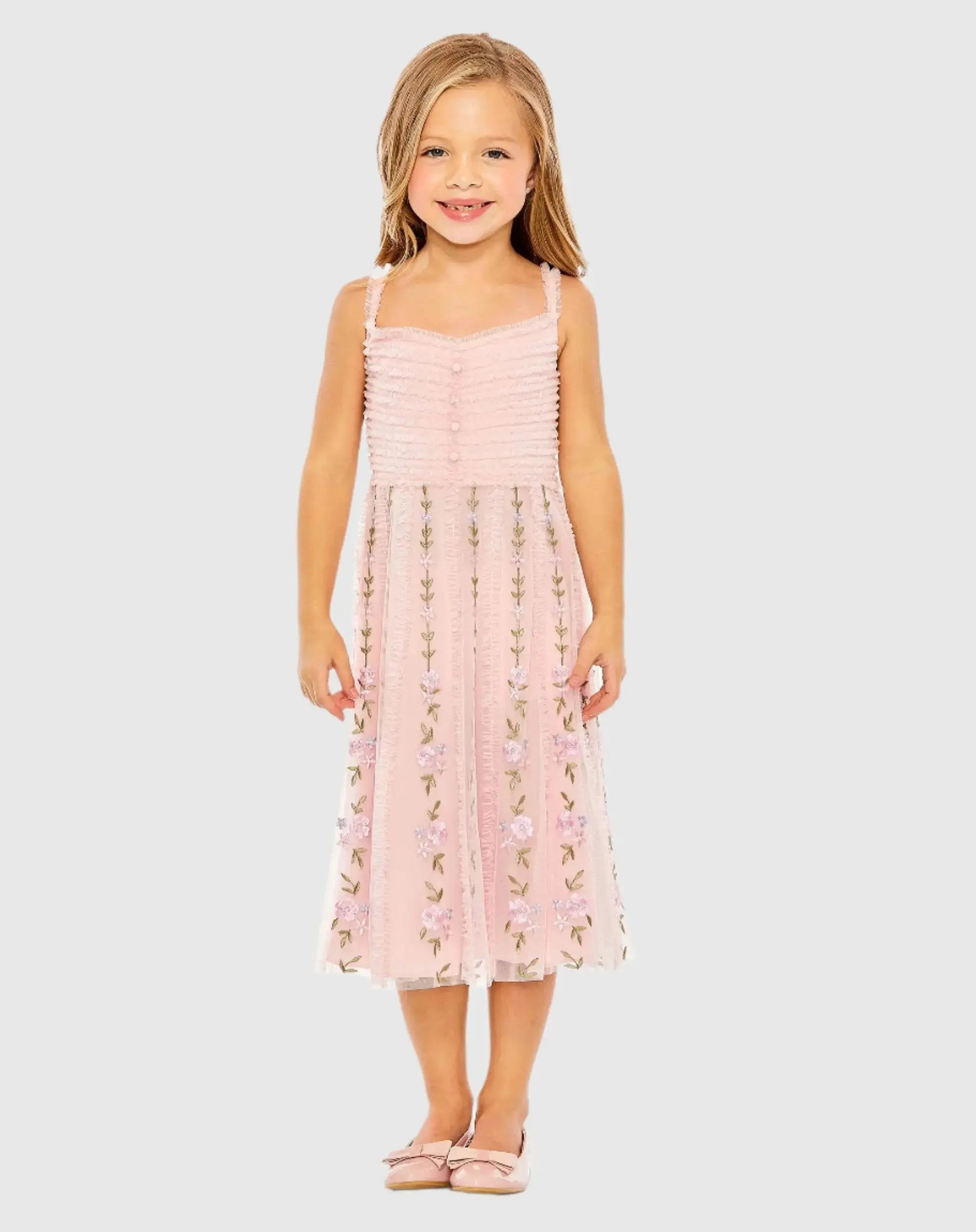 Pink Girls Ruffle Floral Embroidered Detail Mini Dress-Myartka