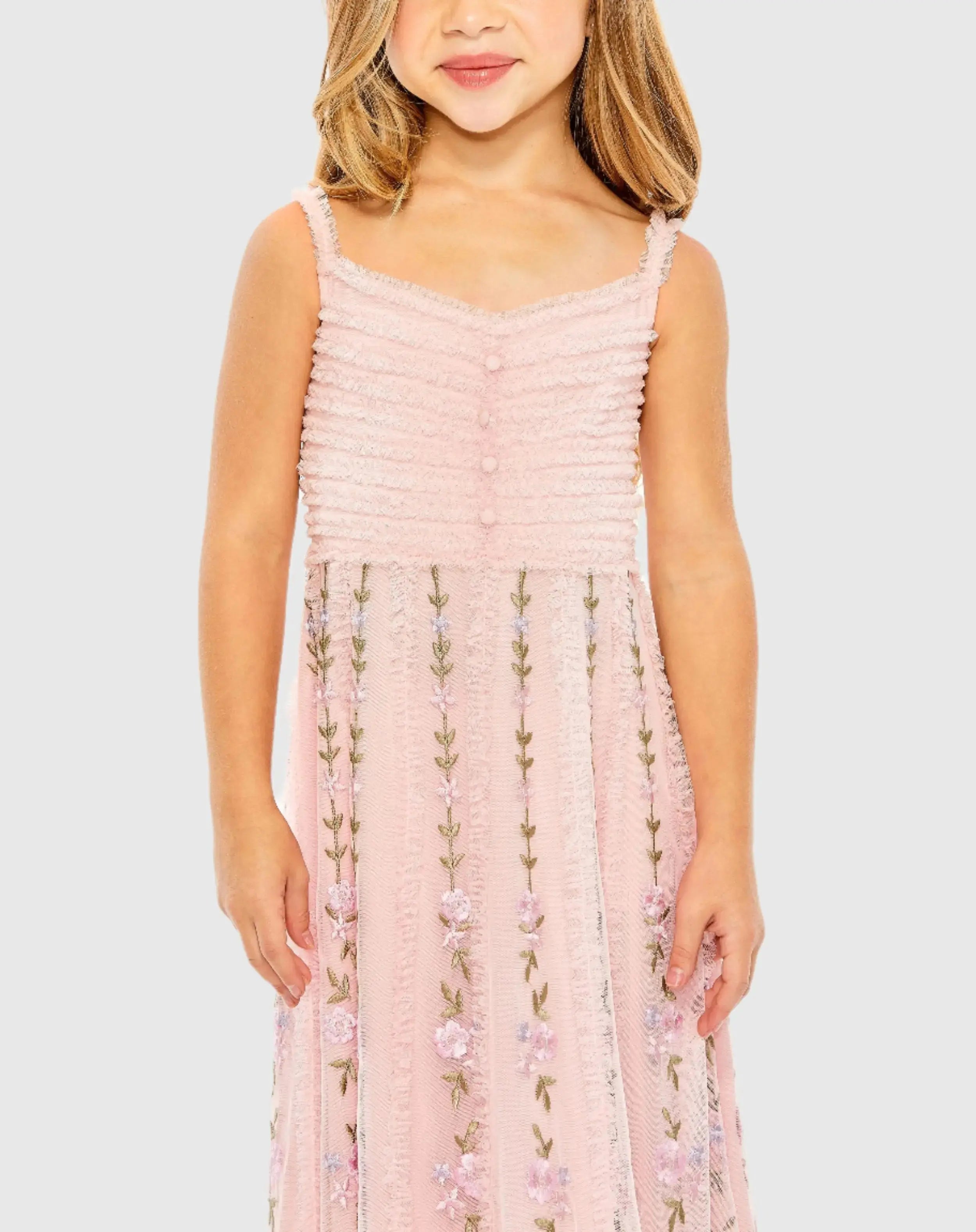 Pink Girls Ruffle Floral Embroidered Detail Mini Dress-Myartka