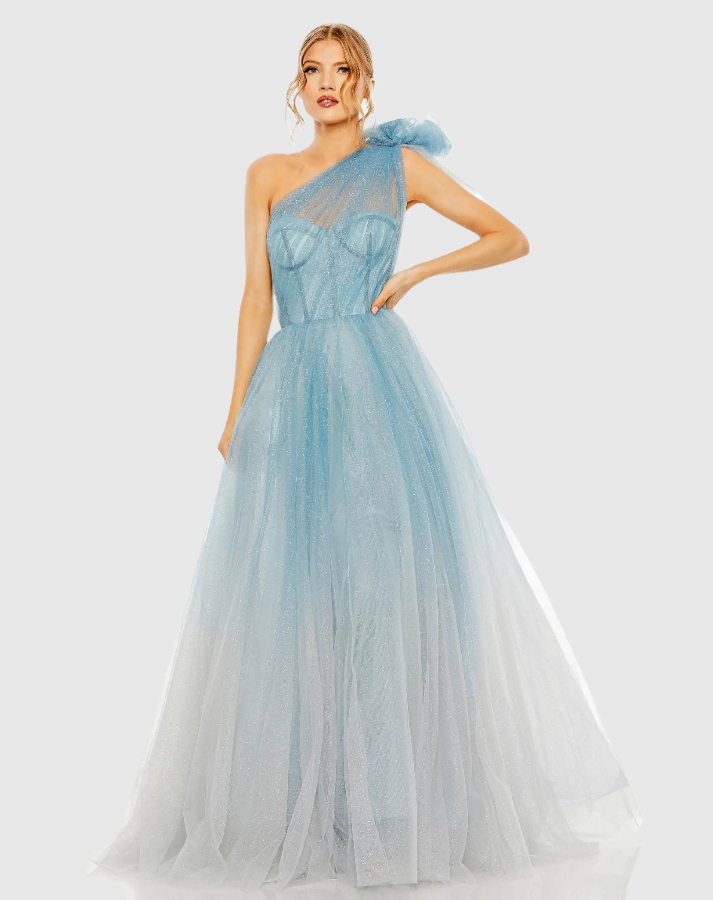 Blue Glitter One-Shoulder Ombre Gown with Bow-Myartka
