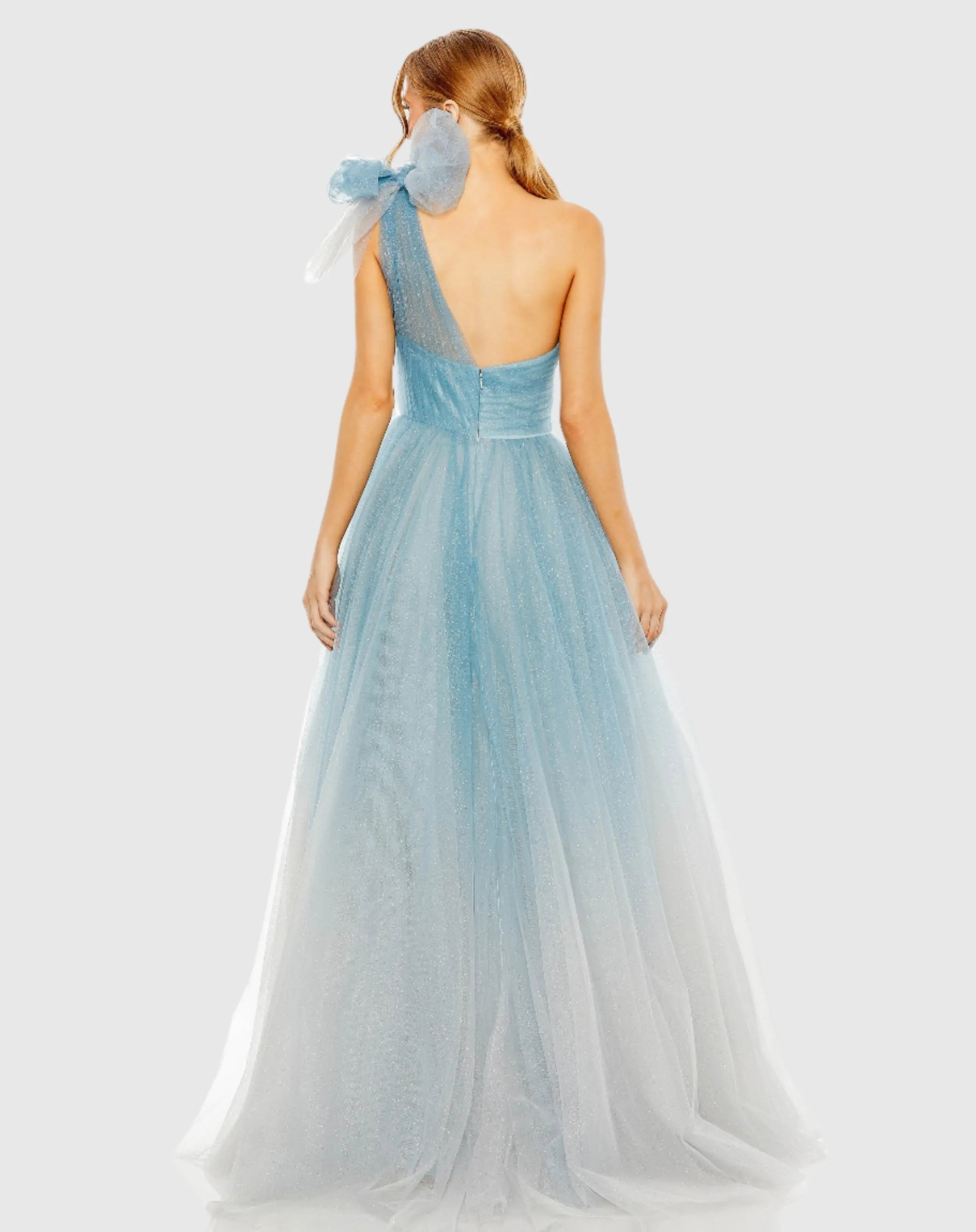 Blue Glitter One-Shoulder Ombre Gown with Bow-Myartka
