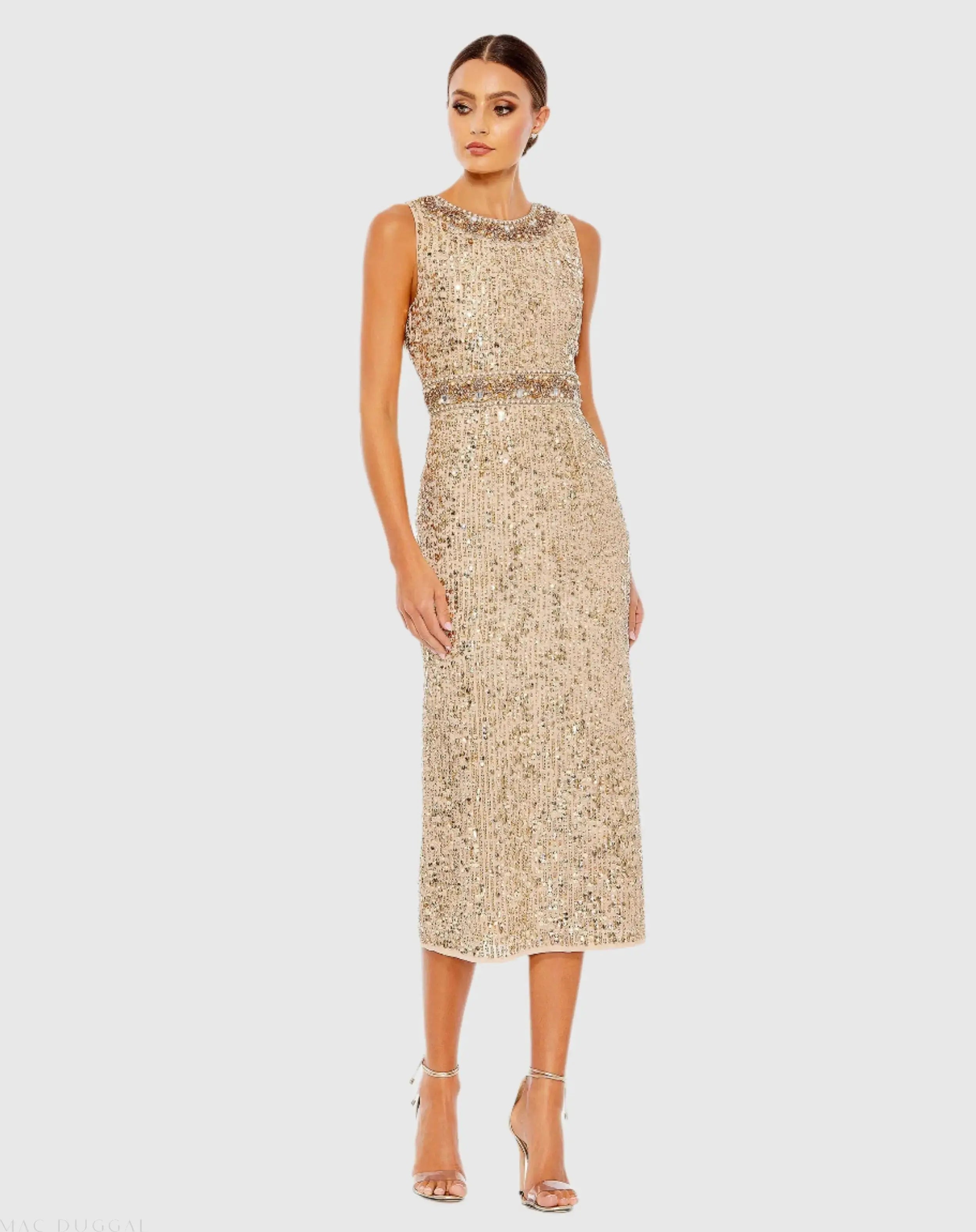 Embellished Sleeveless High Neck Midi Dress-Myartka