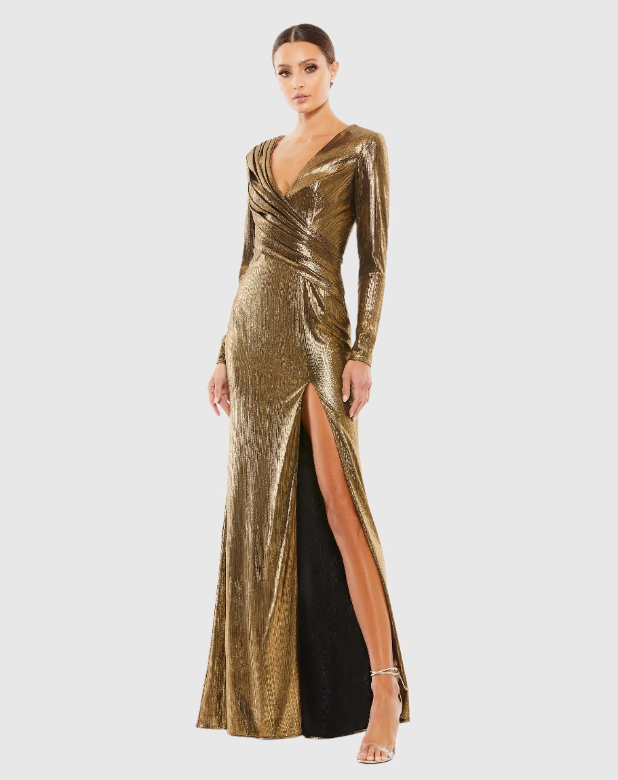 Gold Metallic Long Sleeve Asymmetrical Ruched Gown-Myartka