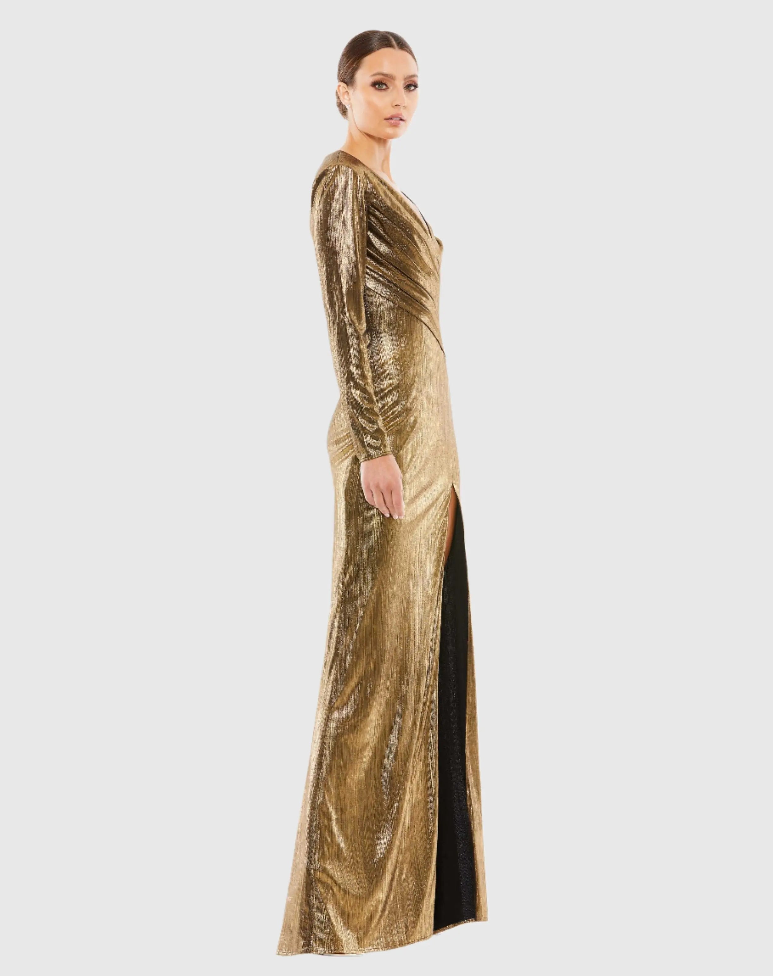 Gold Metallic Long Sleeve Asymmetrical Ruched Gown-Myartka