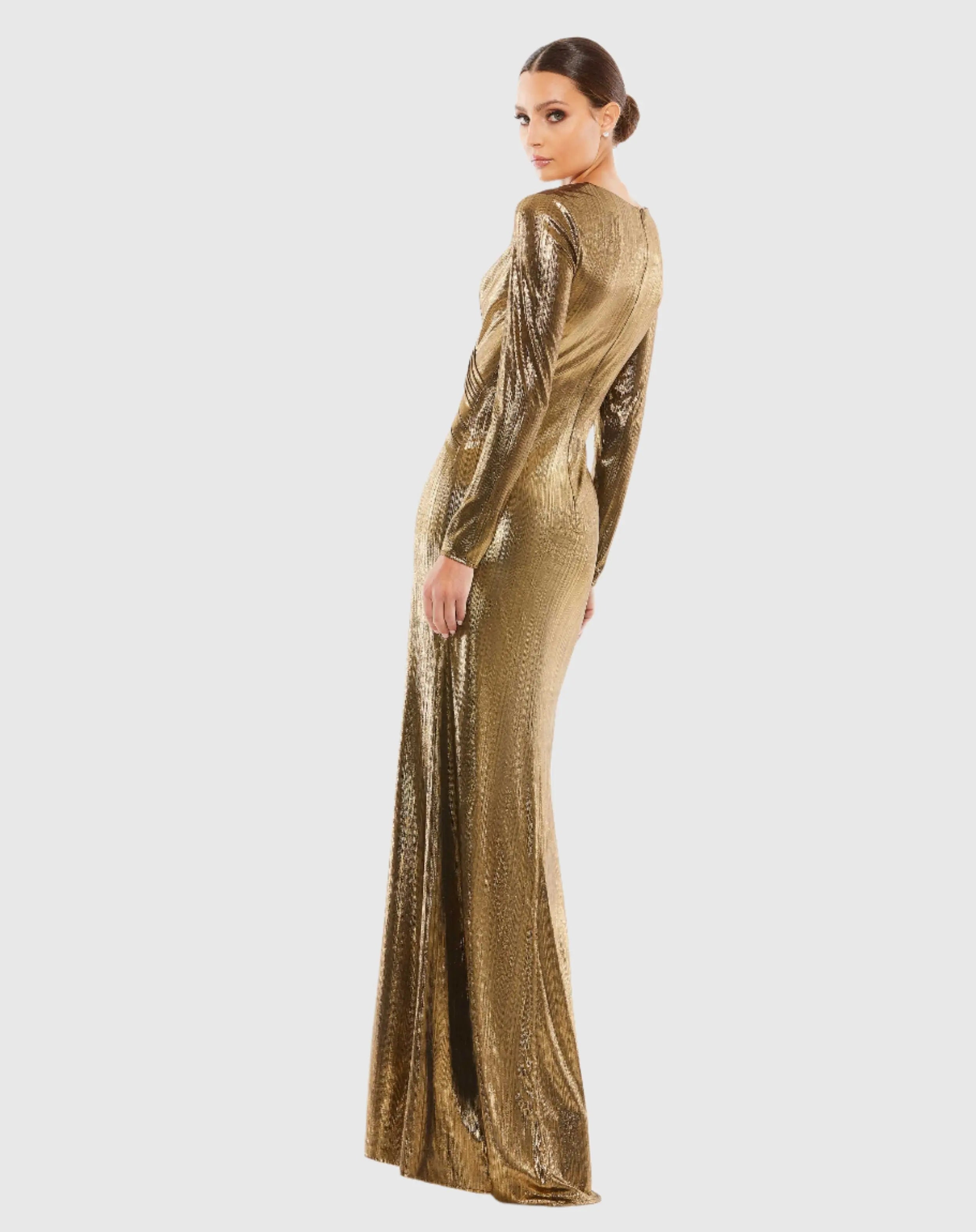 Gold Metallic Long Sleeve Asymmetrical Ruched Gown-Myartka