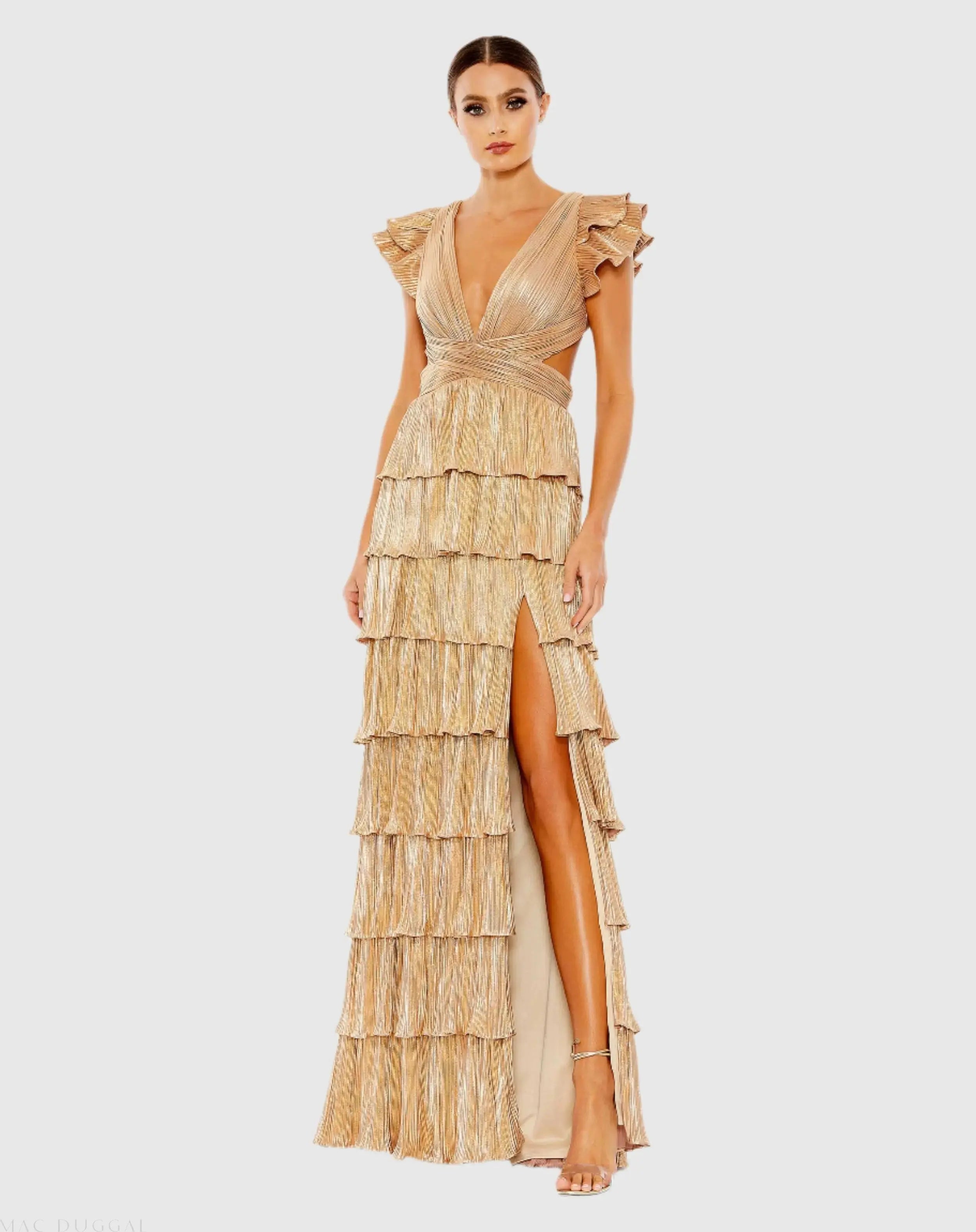 Gold Ruffle Tiered Criss Cross Lace Up Gown-Myartka