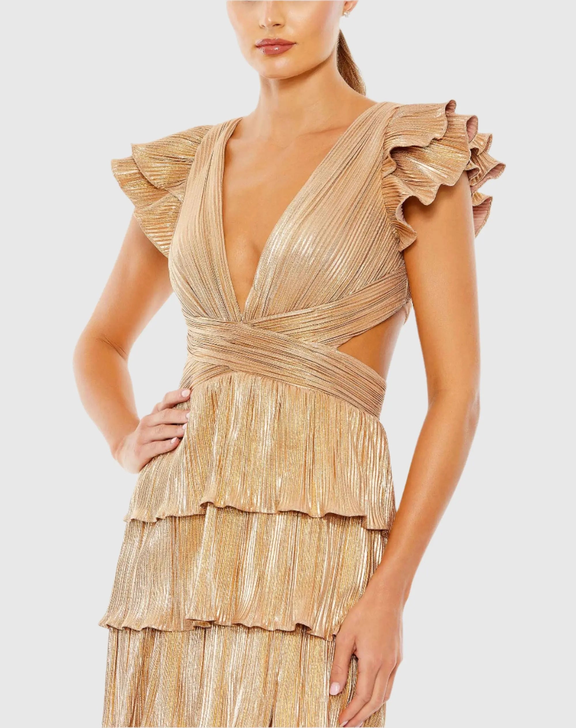 Gold Ruffle Tiered Criss Cross Lace Up Gown-Myartka